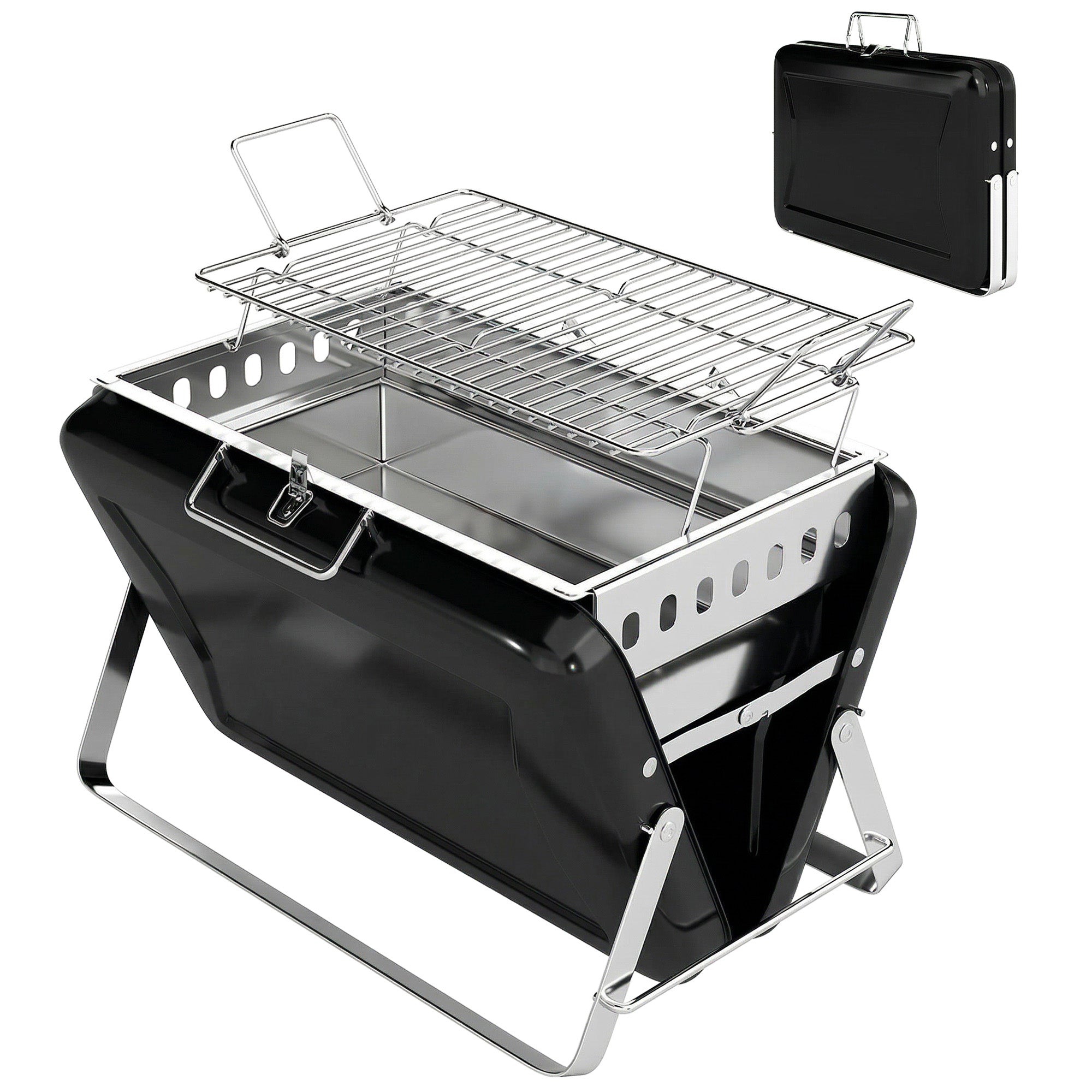 Stainless Steel Charcoal BBQ Smoker with Cooking Grate — Portable Carry Handle, Folding Legs, Charcoal Stand Grill for Barbecue, Camping, Patio & Garden, 15.7 x 11.0 x 10.0 in, Black