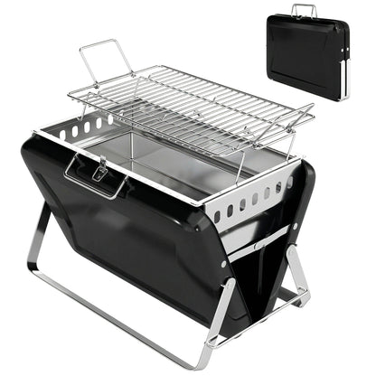 Stainless Steel Charcoal BBQ Smoker with Cooking Grate — Portable Carry Handle, Folding Legs, Charcoal Stand Grill for Barbecue, Camping, Patio & Garden, 15.7 x 11.0 x 10.0 in, Black