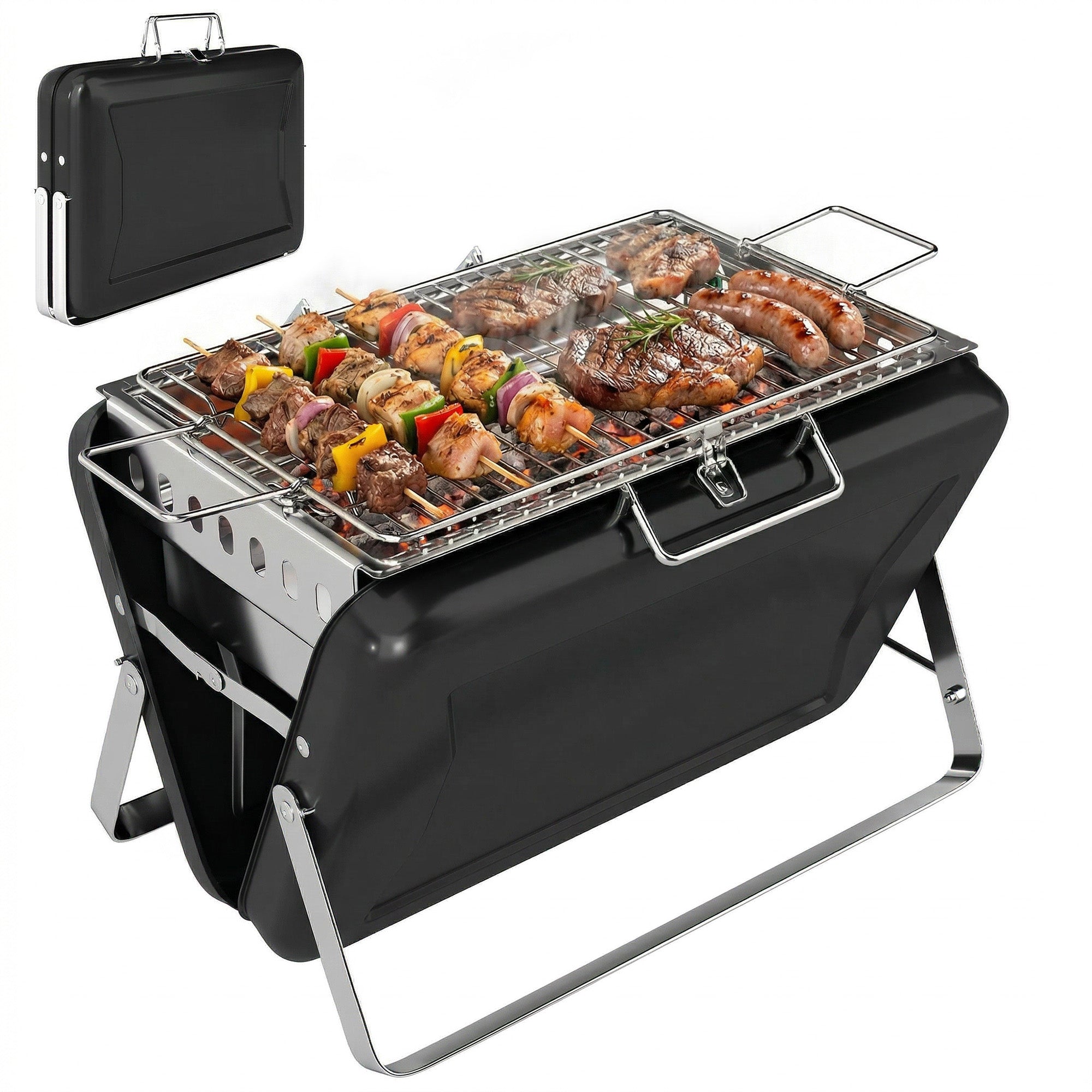 Stainless Steel Charcoal BBQ Smoker with Cooking Grate — Portable Carry Handle, Folding Legs, Charcoal Stand Grill for Barbecue, Camping, Patio & Garden, 15.7 x 11.0 x 10.0 in, Black
