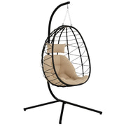 Hanging Egg Chair with Swing Stand Outdoor Garden Swing Chair with Foldable Basket Cushion and Headrest Hanging Swing for Indoor and Outdoor 120 kg Load Khaki