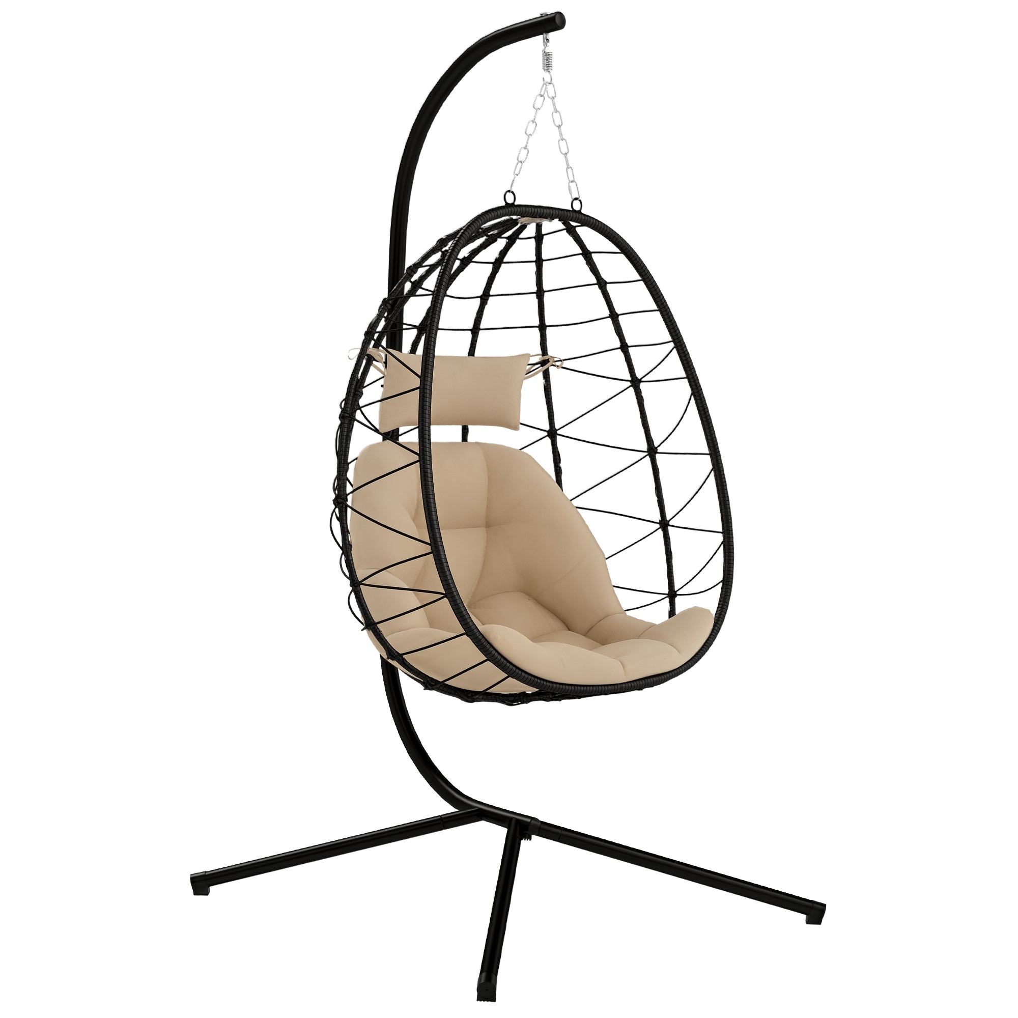 Hanging Egg Chair with Swing Stand Outdoor Garden Swing Chair with Foldable Basket Cushion and Headrest Hanging Swing for Indoor and Outdoor 120 kg Load Khaki