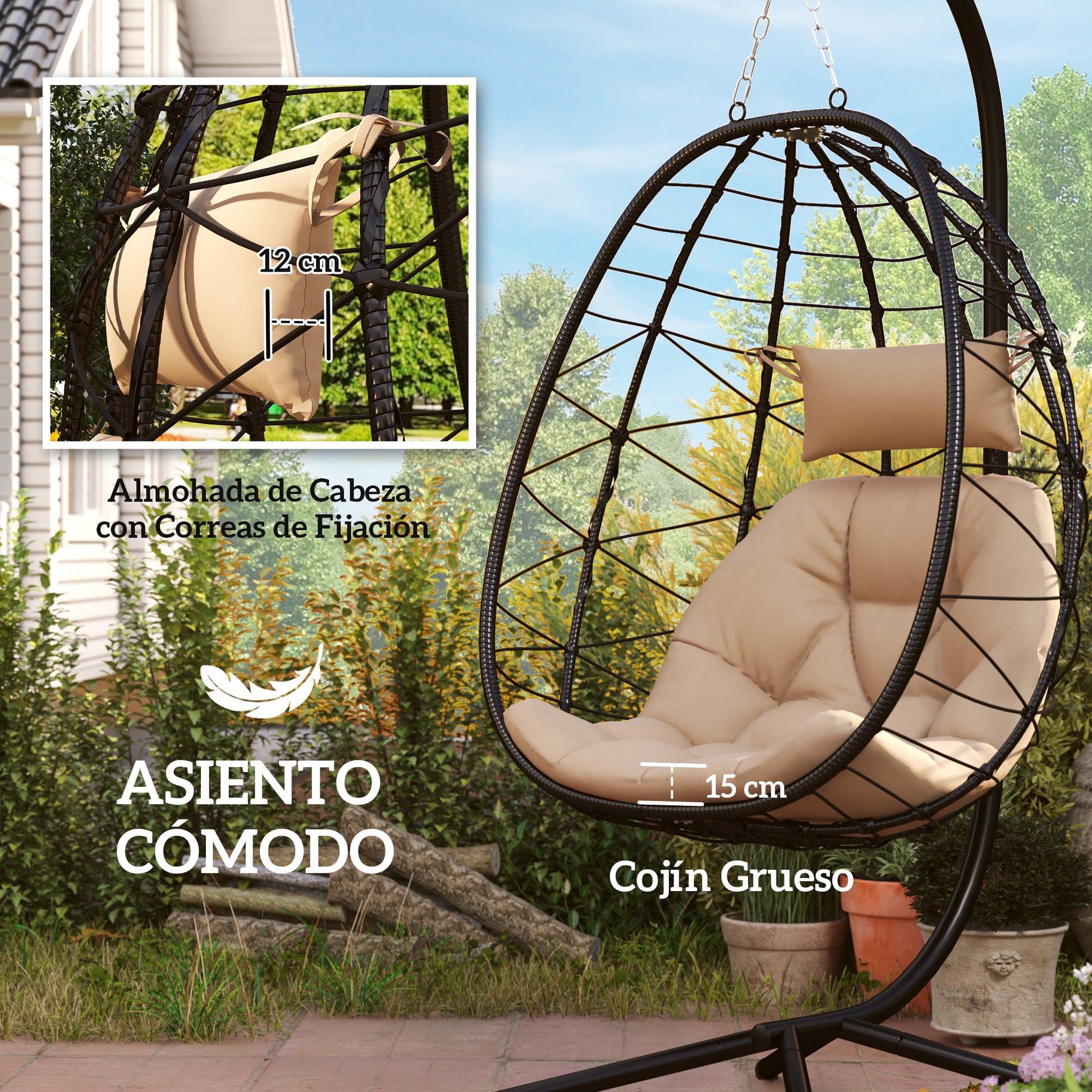 Hanging Egg Chair with Swing Stand Outdoor Garden Swing Chair with Foldable Basket Cushion and Headrest Hanging Swing for Indoor and Outdoor 120 kg Load Khaki