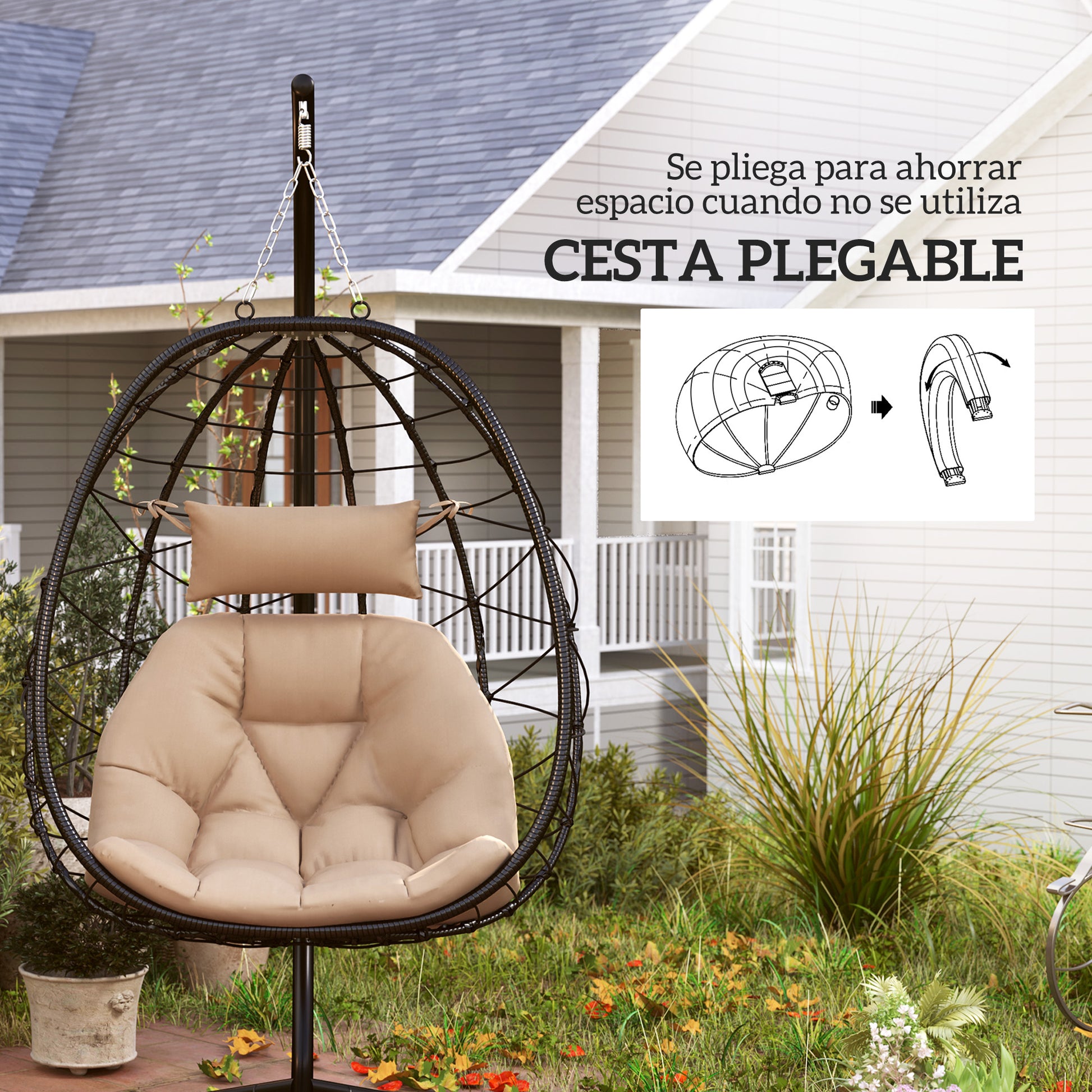 Hanging Egg Chair with Swing Stand Outdoor Garden Swing Chair with Foldable Basket Cushion and Headrest Hanging Swing for Indoor and Outdoor 120 kg Load Khaki