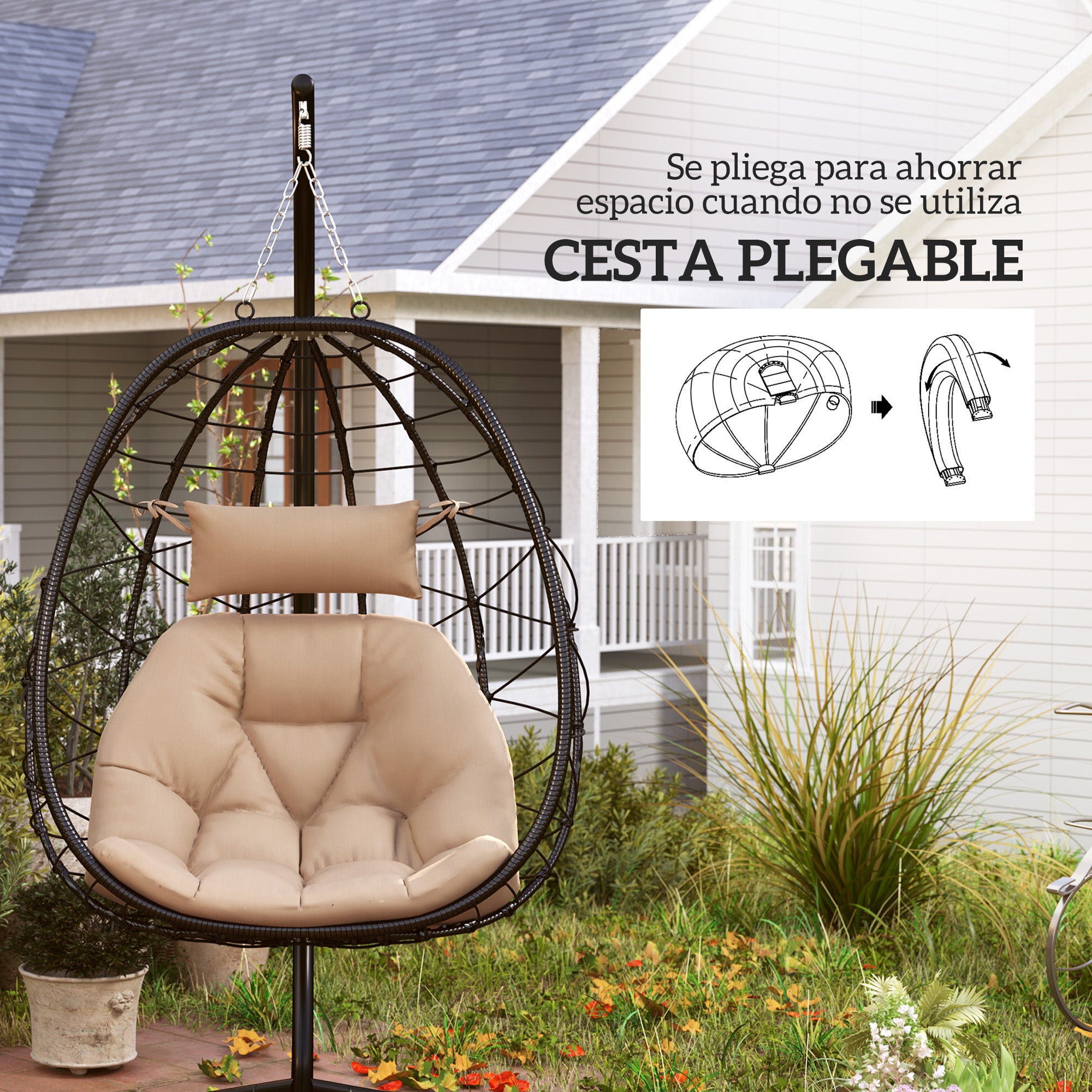 Hanging Egg Chair with Swing Stand Outdoor Garden Swing Chair with Foldable Basket Cushion and Headrest Hanging Swing for Indoor and Outdoor 120 kg Load Khaki