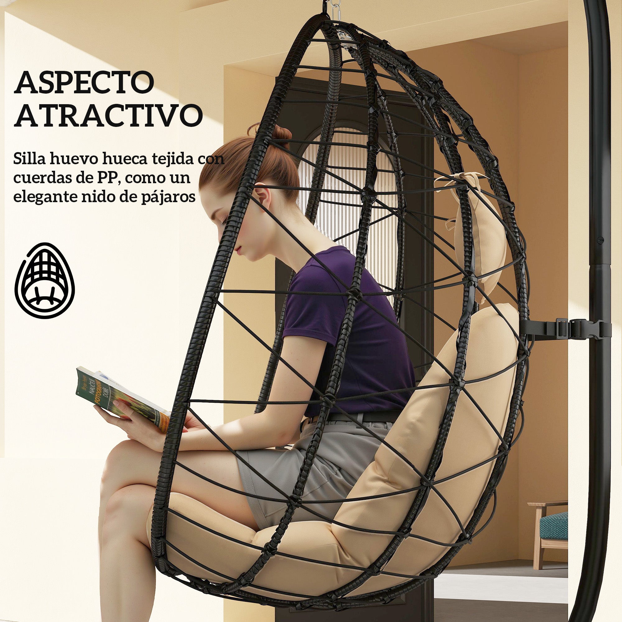 Hanging Egg Chair with Swing Stand Outdoor Garden Swing Chair with Foldable Basket Cushion and Headrest Hanging Swing for Indoor and Outdoor 120 kg Load Khaki