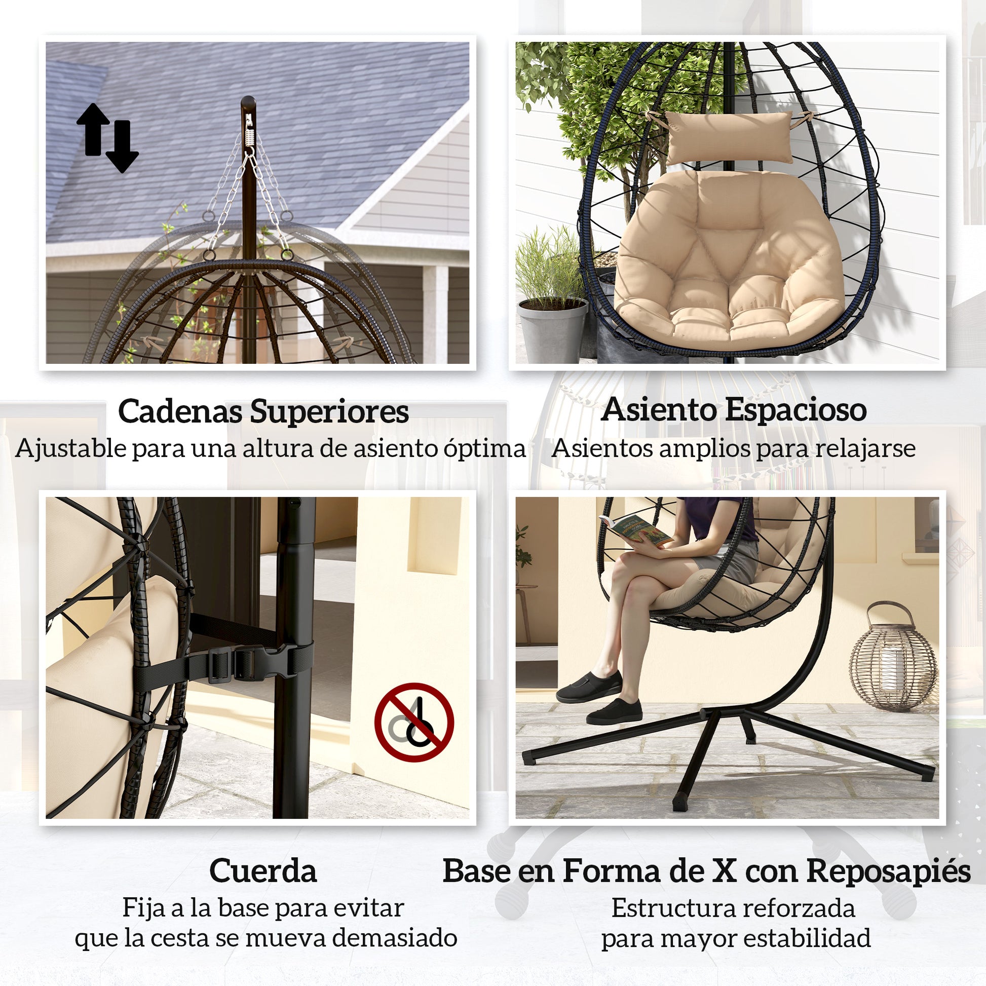 Hanging Egg Chair with Swing Stand Outdoor Garden Swing Chair with Foldable Basket Cushion and Headrest Hanging Swing for Indoor and Outdoor 120 kg Load Khaki