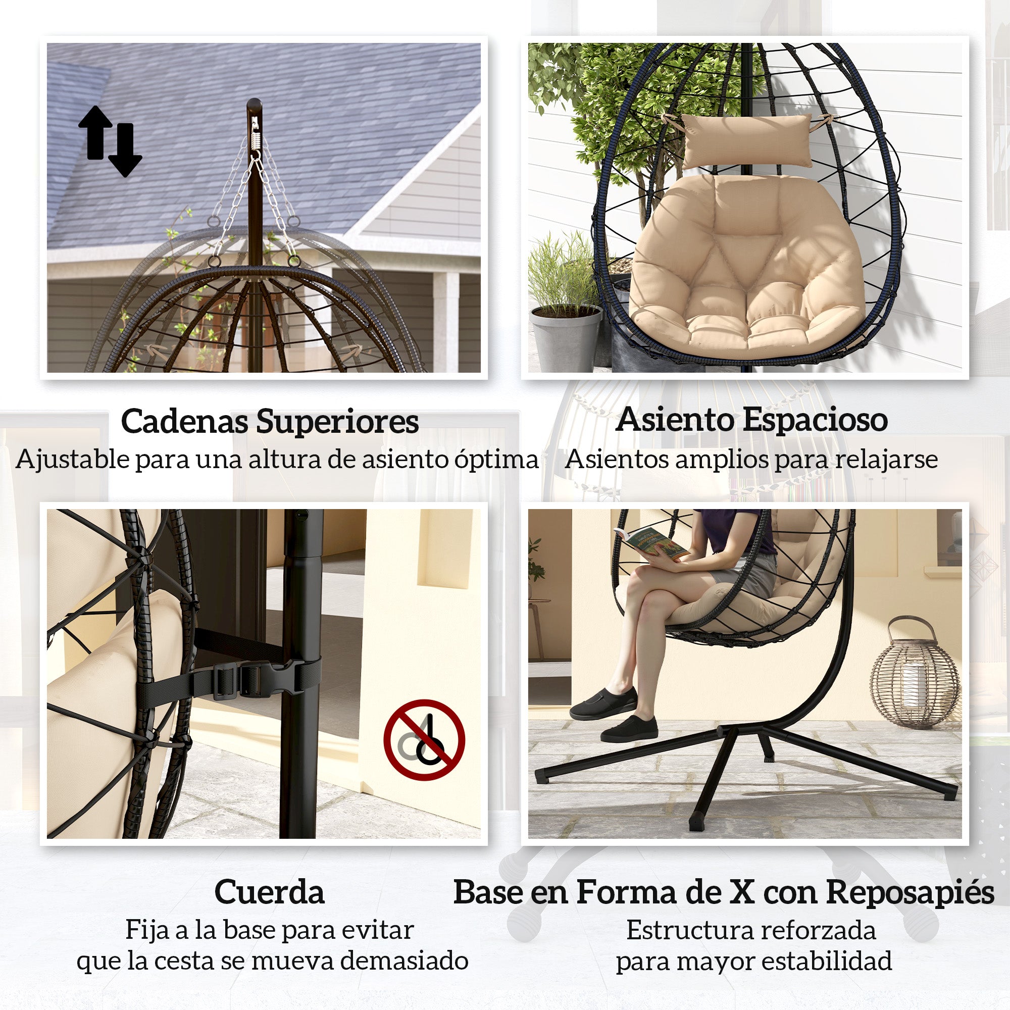 Hanging Egg Chair with Swing Stand Outdoor Garden Swing Chair with Foldable Basket Cushion and Headrest Hanging Swing for Indoor and Outdoor 120 kg Load Khaki
