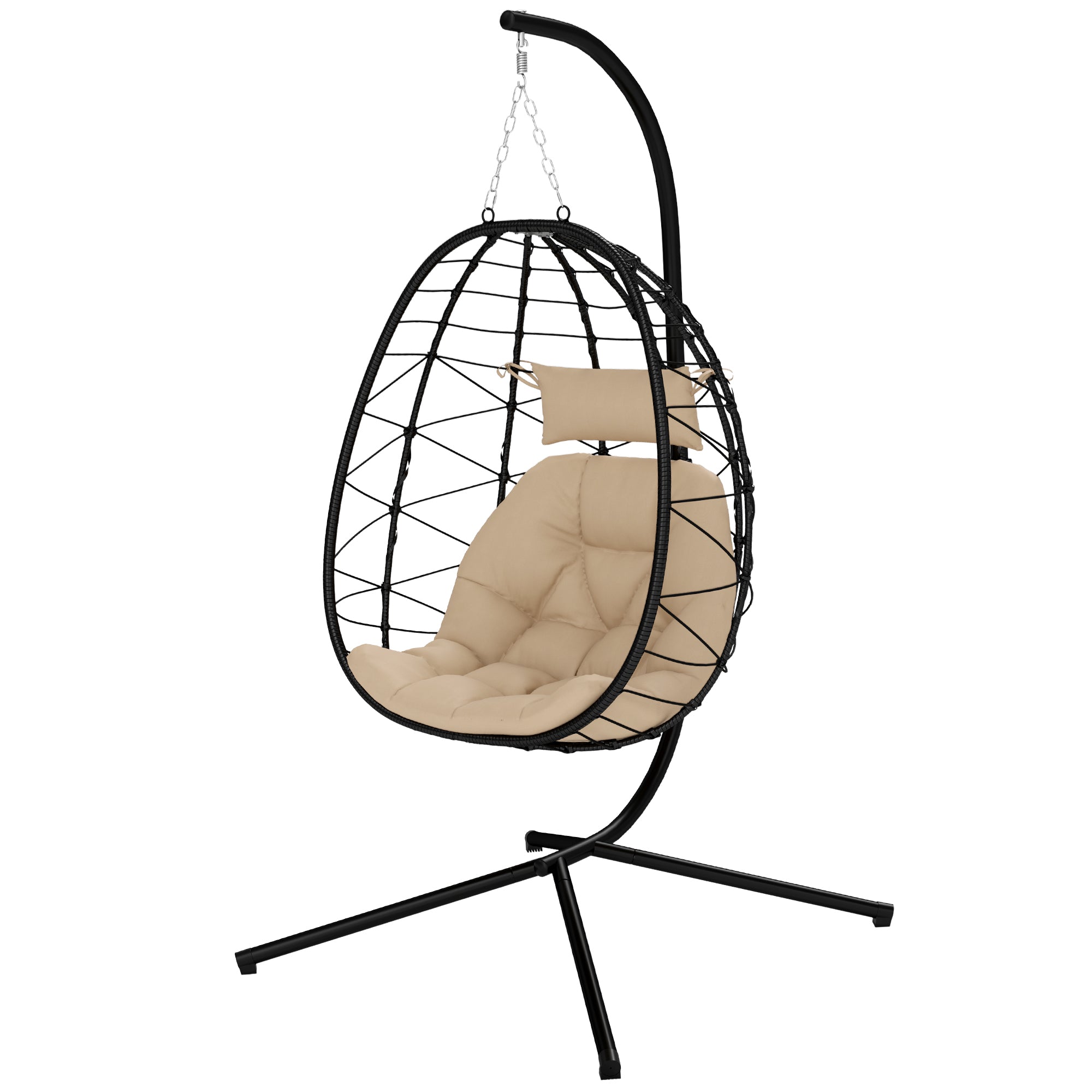 Hanging Egg Chair with Swing Stand Outdoor Garden Swing Chair with Foldable Basket Cushion and Headrest Hanging Swing for Indoor and Outdoor 120 kg Load Khaki