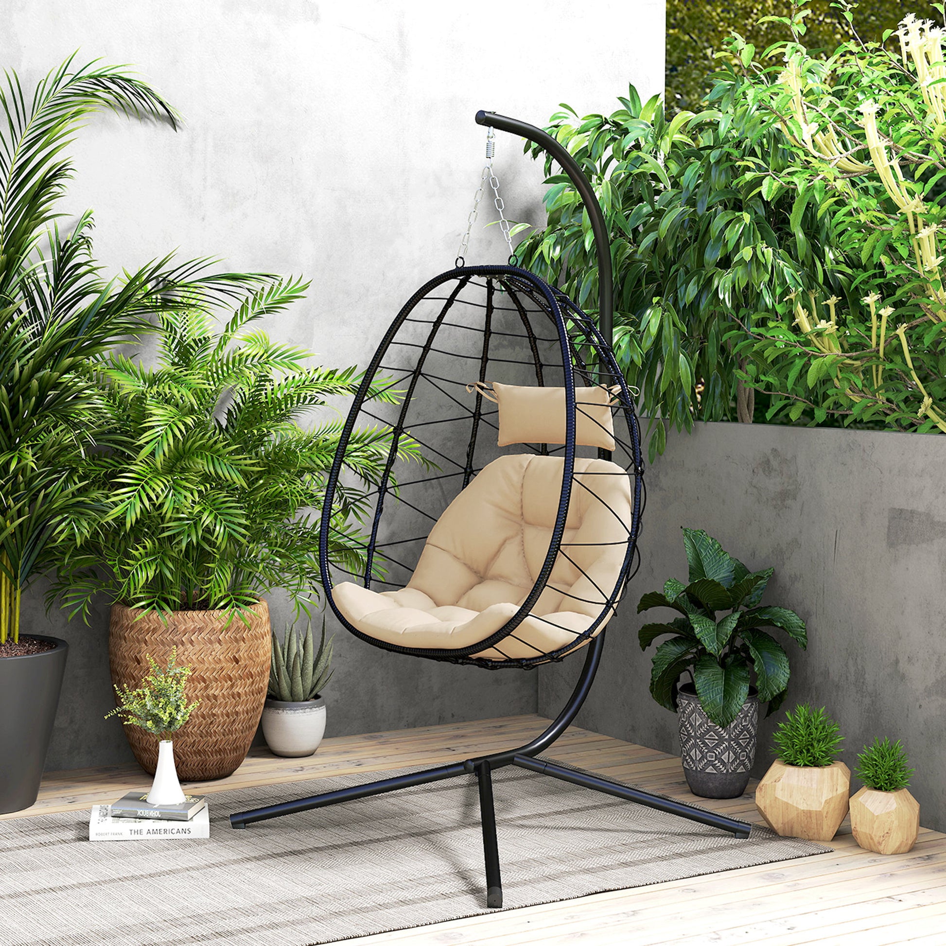 Hanging Egg Chair with Swing Stand Outdoor Garden Swing Chair with Foldable Basket Cushion and Headrest Hanging Swing for Indoor and Outdoor 120 kg Load Khaki