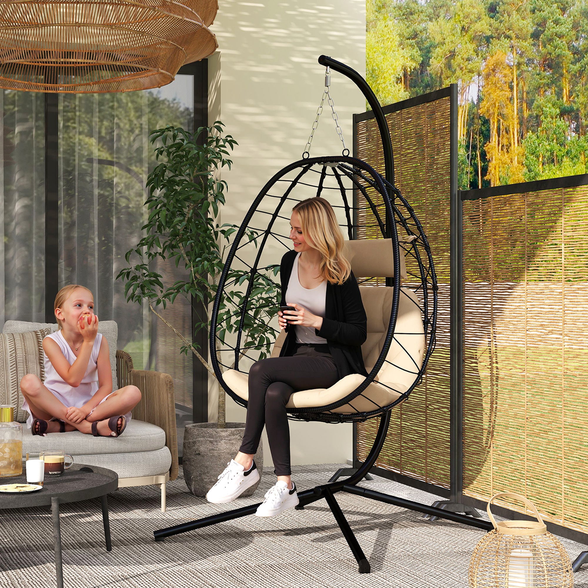 Hanging Egg Chair with Swing Stand Outdoor Garden Swing Chair with Foldable Basket Cushion and Headrest Hanging Swing for Indoor and Outdoor 120 kg Load Khaki