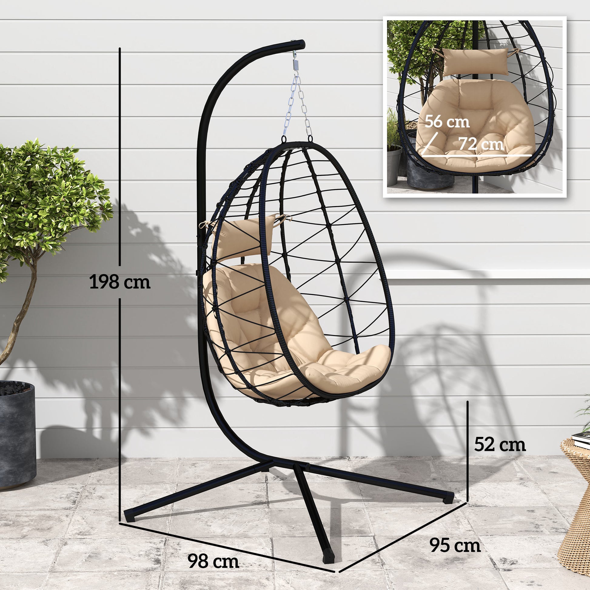 Hanging Egg Chair with Swing Stand Outdoor Garden Swing Chair with Foldable Basket Cushion and Headrest Hanging Swing for Indoor and Outdoor 120 kg Load Khaki