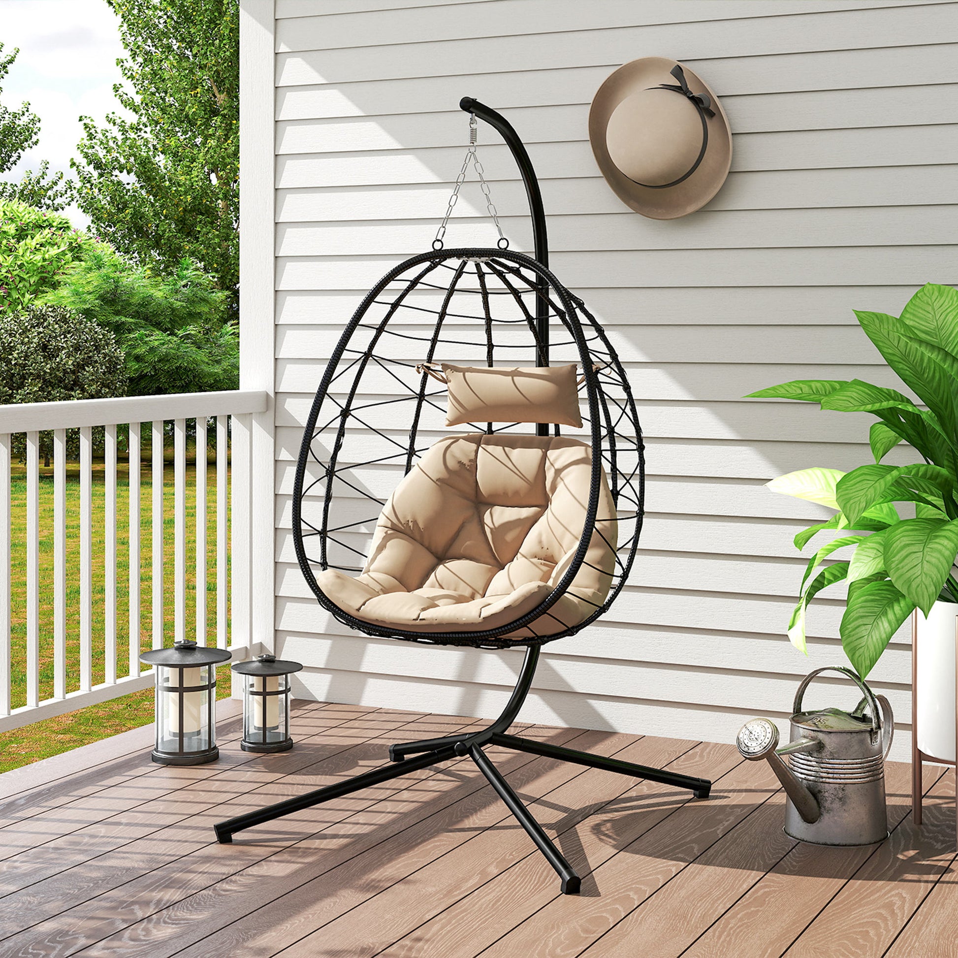 Hanging Egg Chair with Swing Stand Outdoor Garden Swing Chair with Foldable Basket Cushion and Headrest Hanging Swing for Indoor and Outdoor 120 kg Load Khaki