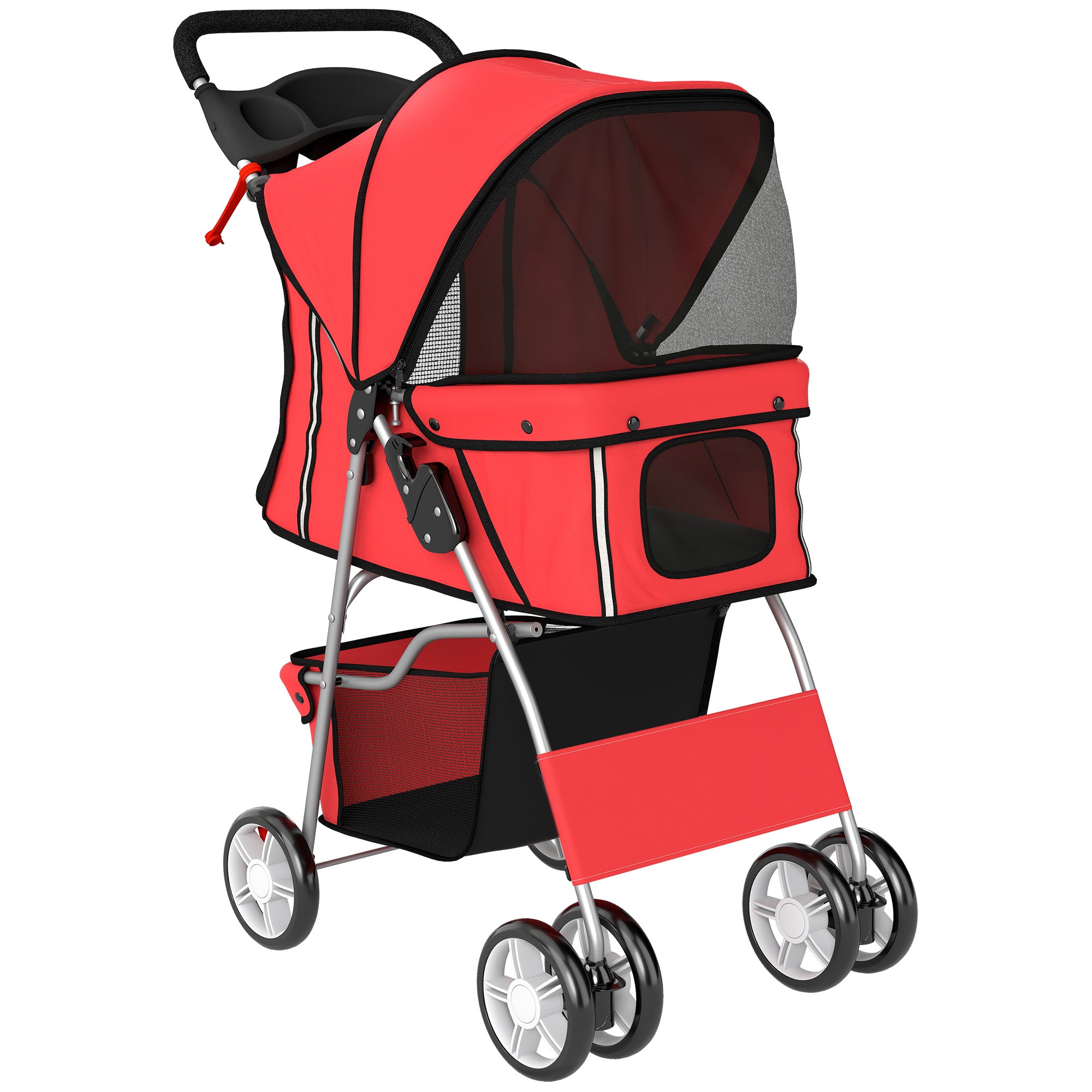 Foldable Pet Stroller for Small Dogs & Cats — Up to 22 lb, 360° Swivel Wheels, Brakes, Reflective Strips, Storage Basket, Washable Cushion, Cup Holder, Red
