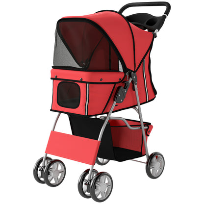 Foldable Pet Stroller for Small Dogs & Cats — Up to 22 lb, 360° Swivel Wheels, Brakes, Reflective Strips, Storage Basket, Washable Cushion, Cup Holder, Red