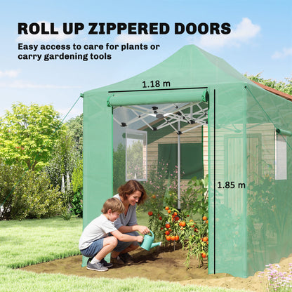 Foldable Pop-Up Greenhouse, 295×200×270 cm (PE Polytunnel) with Gable Roof, Roll-Up Zip Doors & Mesh Windows, Sturdy Metal Frame — Green