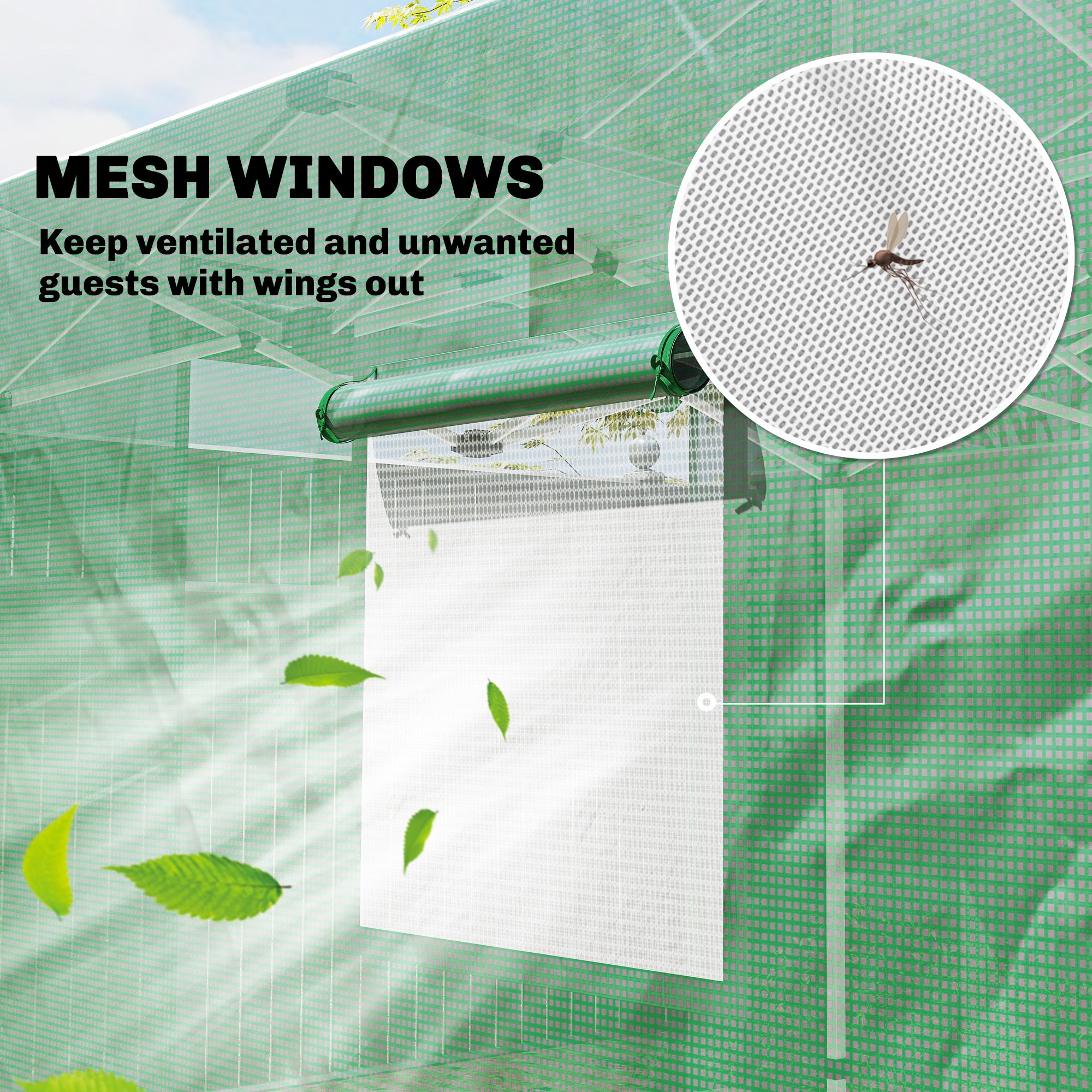 Foldable Pop-Up Greenhouse, 295×200×270 cm (PE Polytunnel) with Gable Roof, Roll-Up Zip Doors & Mesh Windows, Sturdy Metal Frame — Green