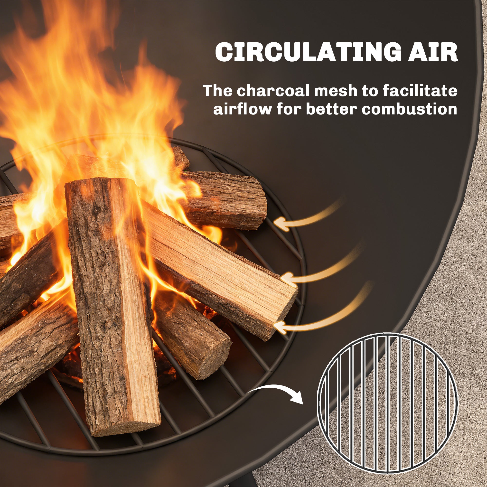 Fire Bowl 23.6 x 20.9 x 26.0 in (60 x 53 x 66 cm) Adjustable Fire Pit with Poker, Charcoal Grate & Stand – Garden, Balcony, Patio, Outdoor BBQ & Camping – Black