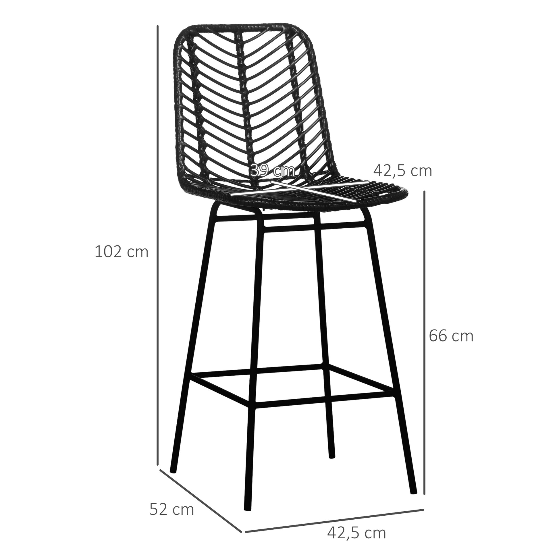 Set of 2 Bohemian Design Bar Stools Bar Chairs Height 66 cm with Metal Footrest and Cane Backrest - Black