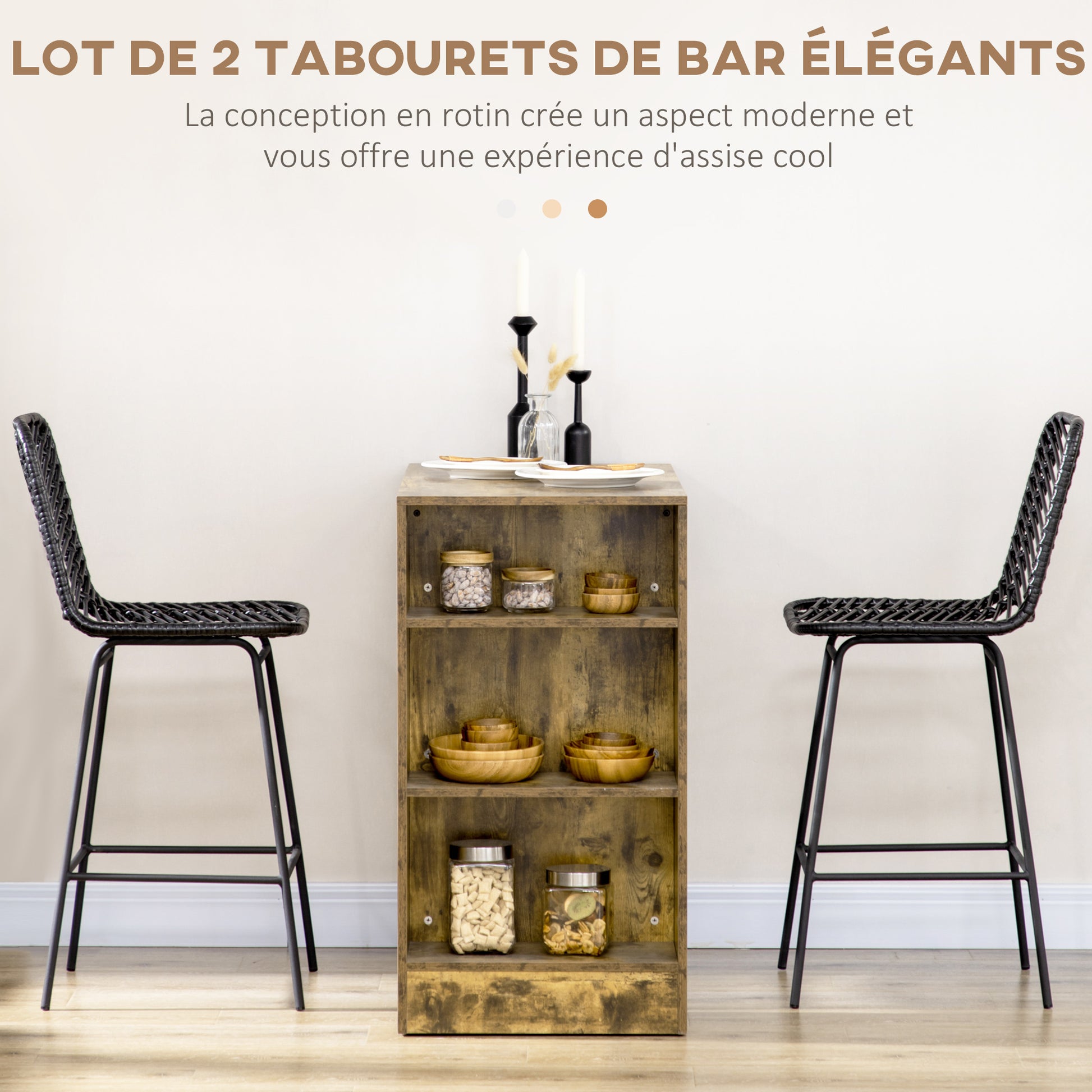 Set of 2 Bohemian Design Bar Stools Bar Chairs Height 66 cm with Metal Footrest and Cane Backrest - Black