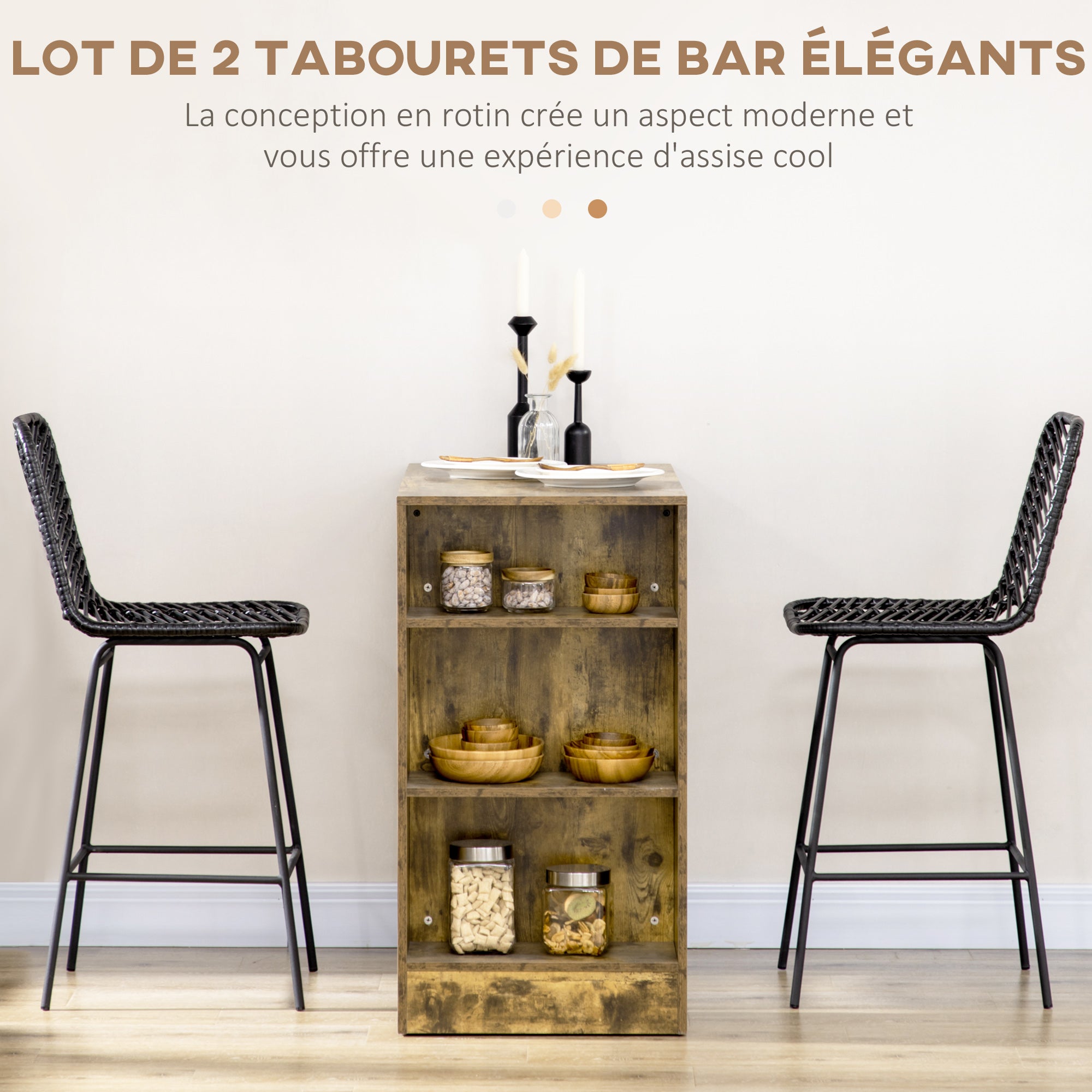 Set of 2 Bohemian Design Bar Stools Bar Chairs Height 66 cm with Metal Footrest and Cane Backrest - Black