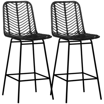 Set of 2 Bohemian Design Bar Stools Bar Chairs Height 66 cm with Metal Footrest and Cane Backrest - Black