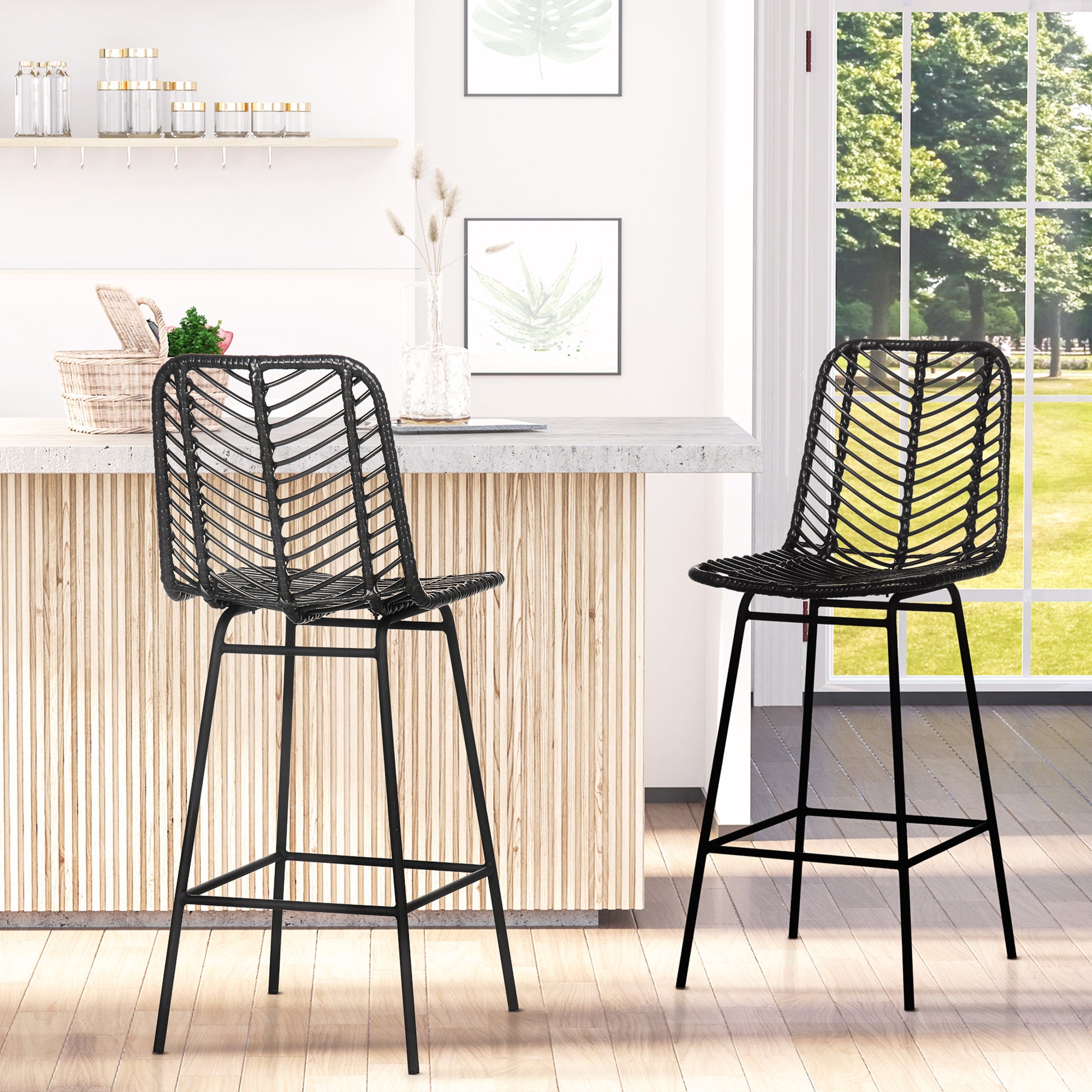 Set of 2 Bohemian Design Bar Stools Bar Chairs Height 66 cm with Metal Footrest and Cane Backrest - Black