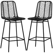 Set of 2 Bohemian Design Bar Stools Bar Chairs Height 66 cm with Metal Footrest and Cane Backrest - Black