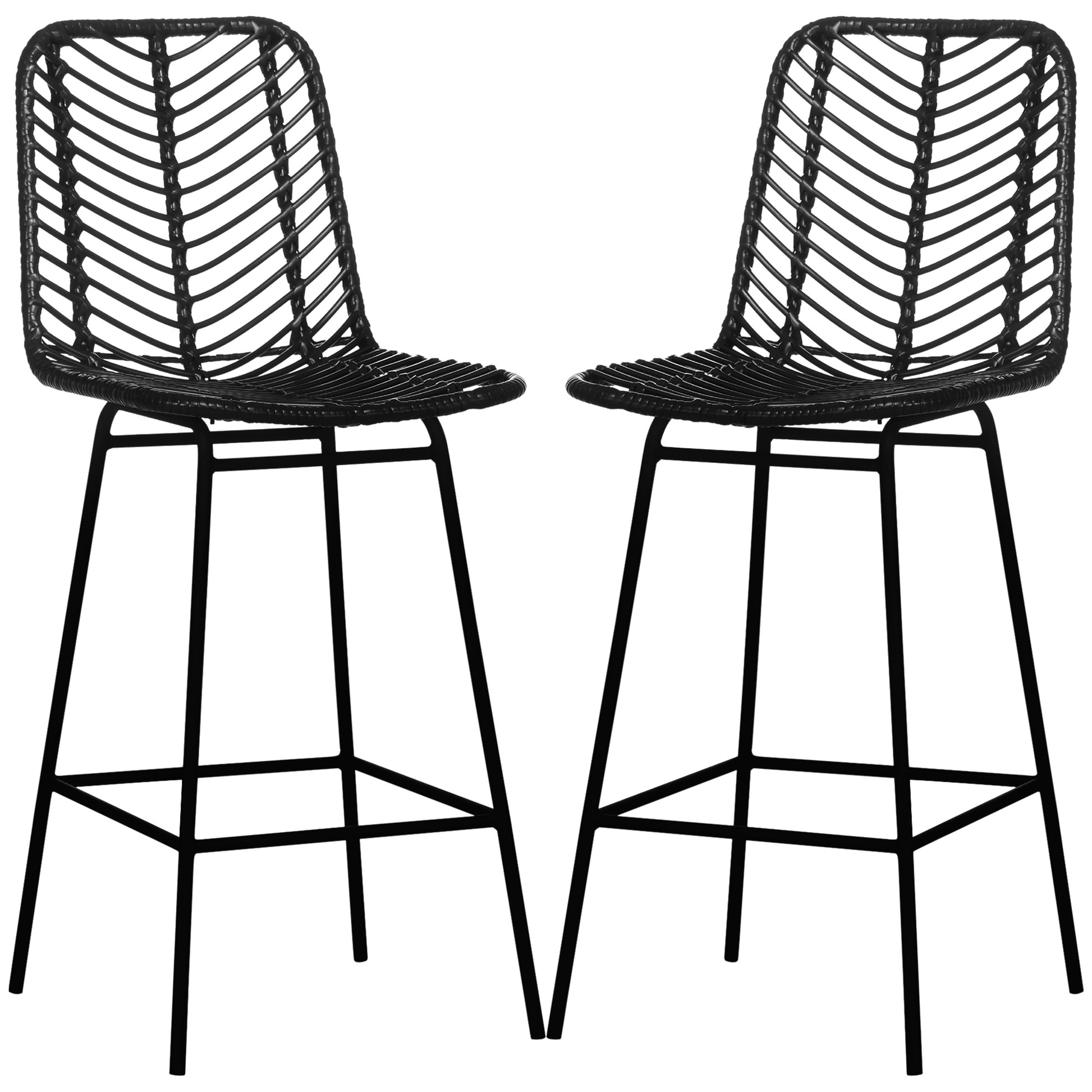 Set of 2 Bohemian Design Bar Stools Bar Chairs Height 66 cm with Metal Footrest and Cane Backrest - Black