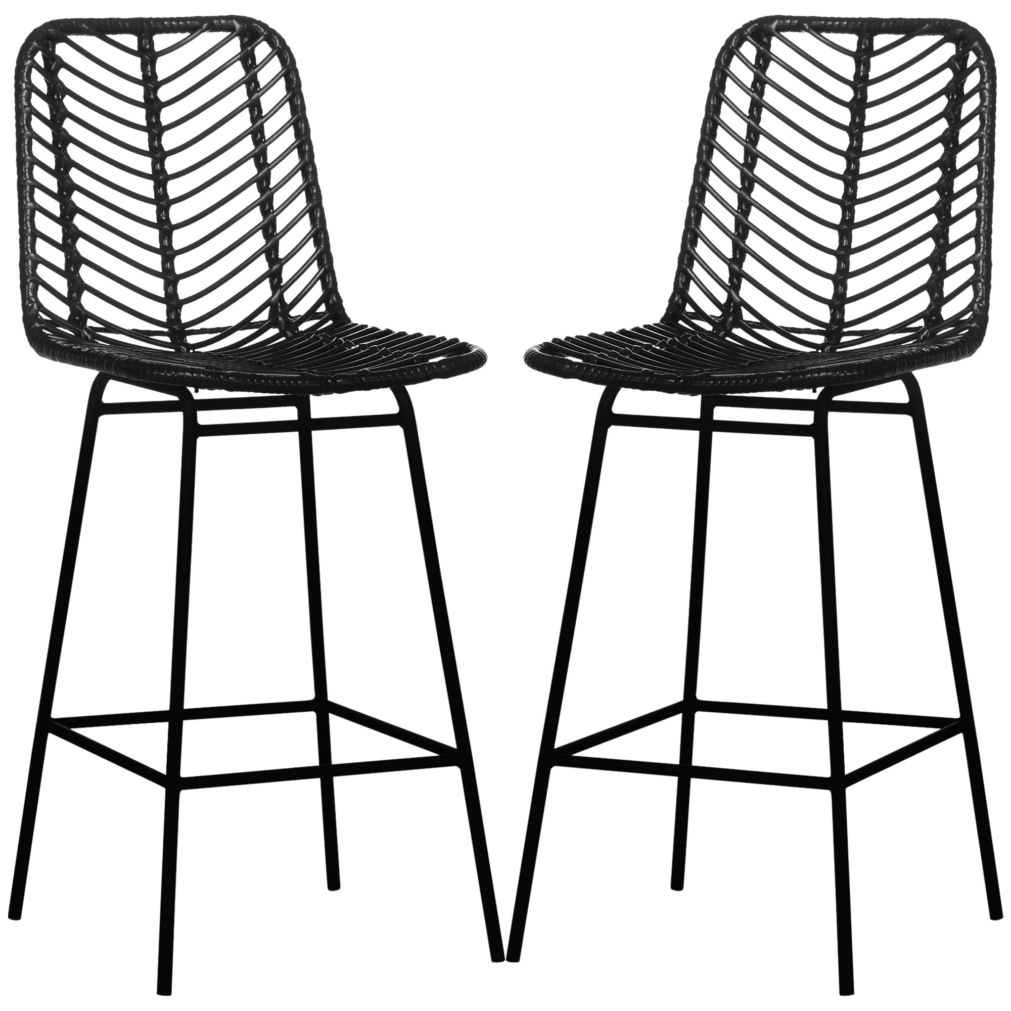 Set of 2 Bohemian Design Bar Stools Bar Chairs Height 66 cm with Metal Footrest and Cane Backrest - Black