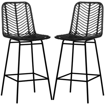 Set of 2 Bohemian Design Bar Stools Bar Chairs Height 66 cm with Metal Footrest and Cane Backrest - Black