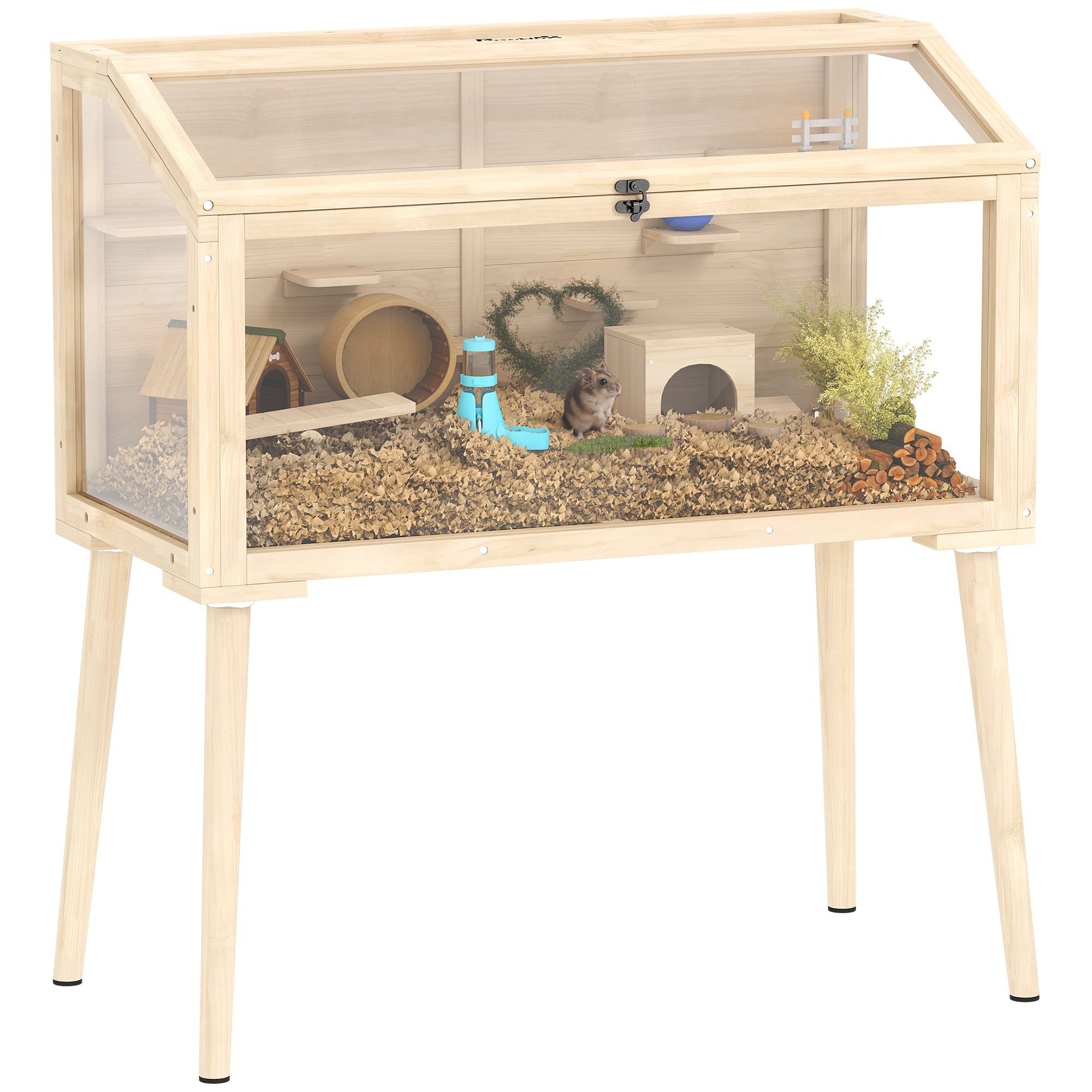 Hamster Cage — Small Animal Habitat with Accessories, Water Bottle, 43.3 x 20.5 x 39.8 in (110 x 52 x 101 cm), Wood & Plastic