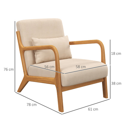 Lounge Armchair Nordic Armchair Living Room Chair with Armrests Cushion and Rubber Wood Frame for Bedroom Load 120 kg 61x78x76 cm Beige