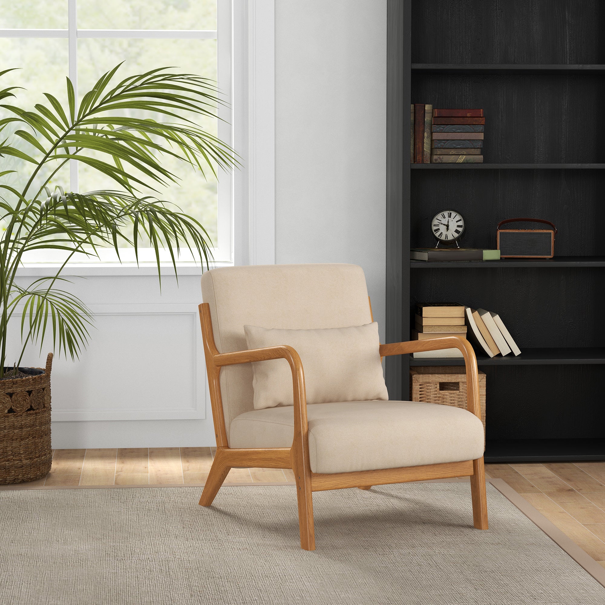 Lounge Armchair Nordic Armchair Living Room Chair with Armrests Cushion and Rubber Wood Frame for Bedroom Load 120 kg 61x78x76 cm Beige