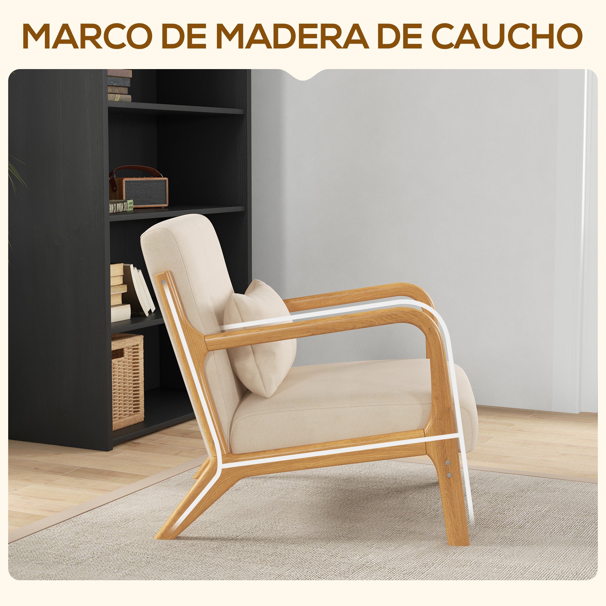 Lounge Armchair Nordic Armchair Living Room Chair with Armrests Cushion and Rubber Wood Frame for Bedroom Load 120 kg 61x78x76 cm Beige