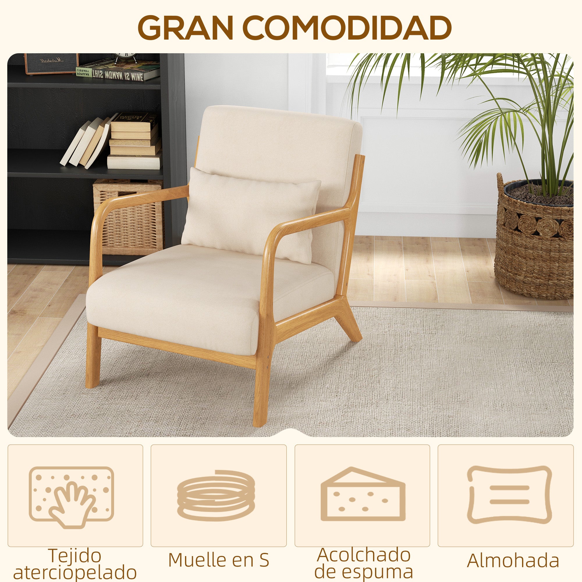Lounge Armchair Nordic Armchair Living Room Chair with Armrests Cushion and Rubber Wood Frame for Bedroom Load 120 kg 61x78x76 cm Beige