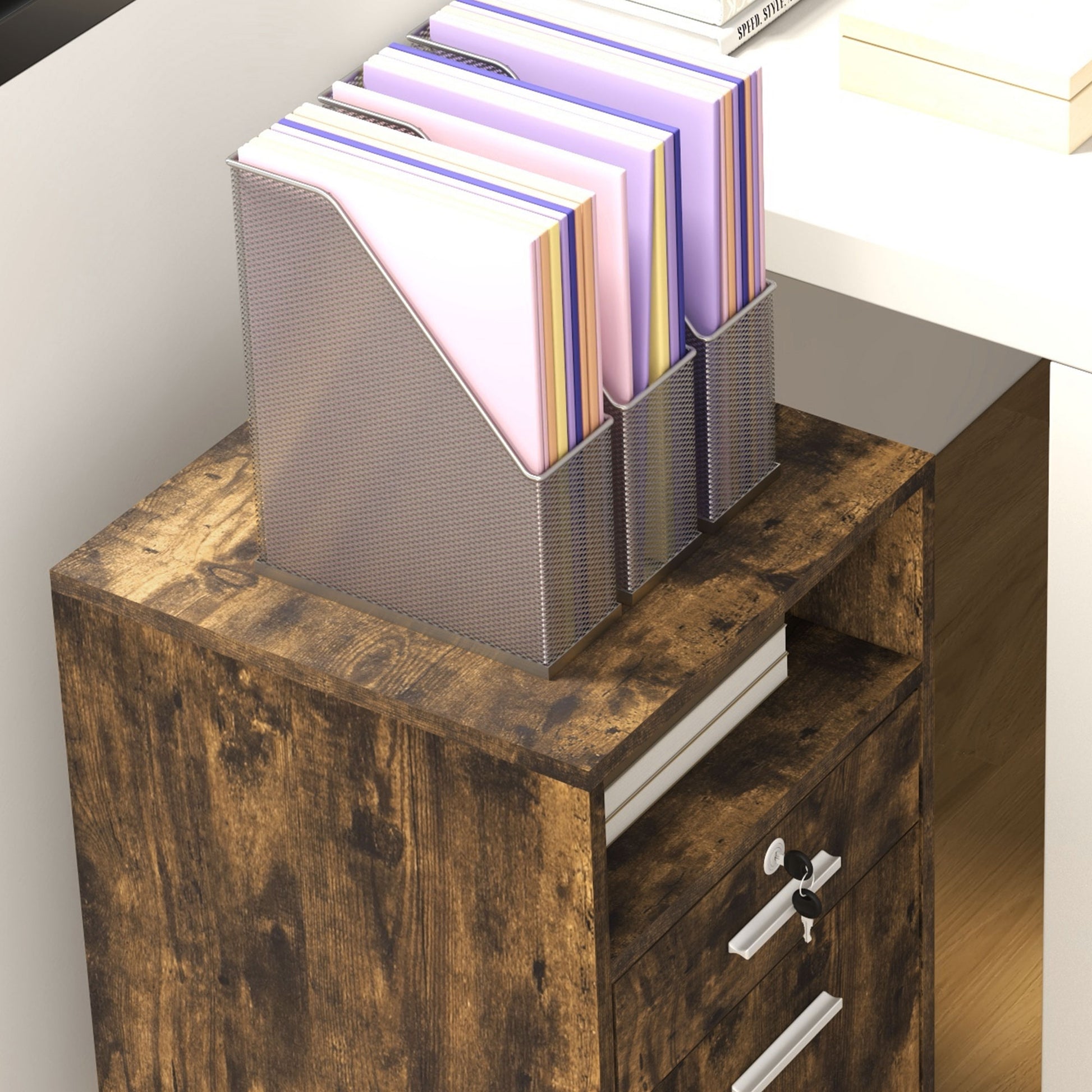 Office Filing Cabinet with 2 Drawers and Open Shelf, Wooden Office Furniture with 5 Wheels, Lock and 2 Keys, 39x40x65 cm, Rustic Brown