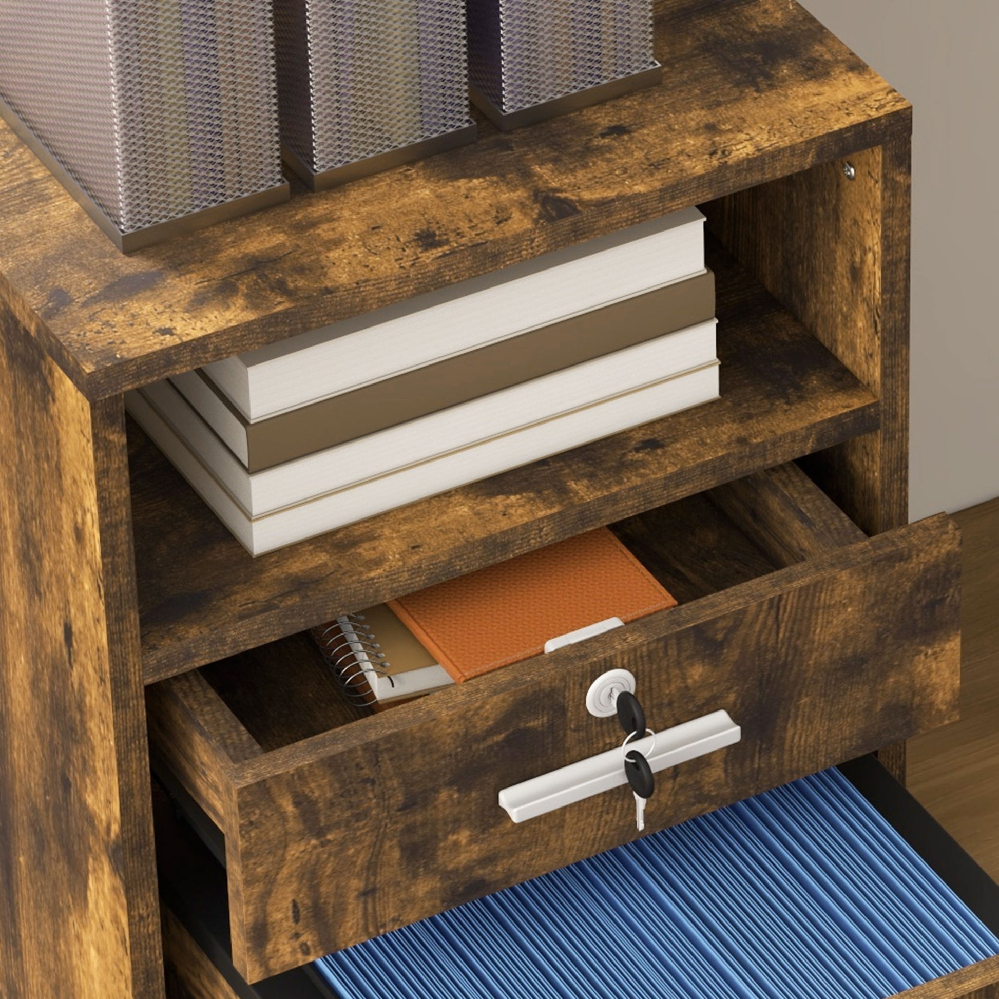Office Filing Cabinet with 2 Drawers and Open Shelf, Wooden Office Furniture with 5 Wheels, Lock and 2 Keys, 39x40x65 cm, Rustic Brown