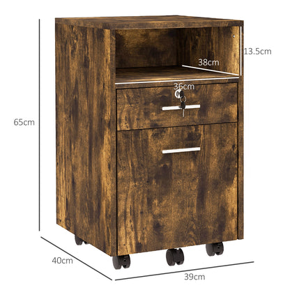 Office Filing Cabinet with 2 Drawers and Open Shelf, Wooden Office Furniture with 5 Wheels, Lock and 2 Keys, 39x40x65 cm, Rustic Brown