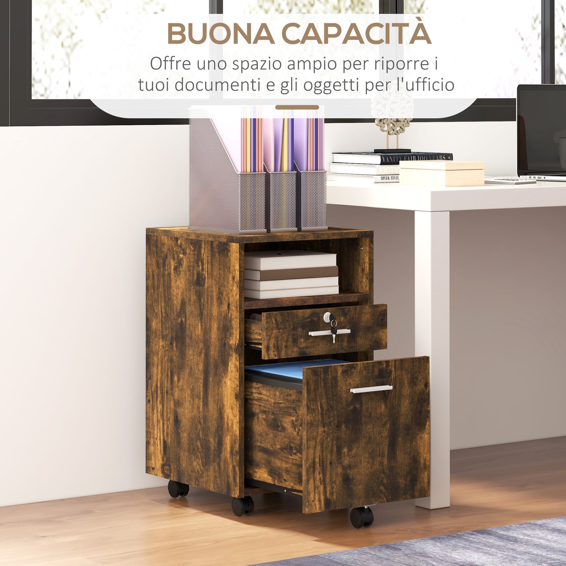 Office Filing Cabinet with 2 Drawers and Open Shelf, Wooden Office Furniture with 5 Wheels, Lock and 2 Keys, 39x40x65 cm, Rustic Brown