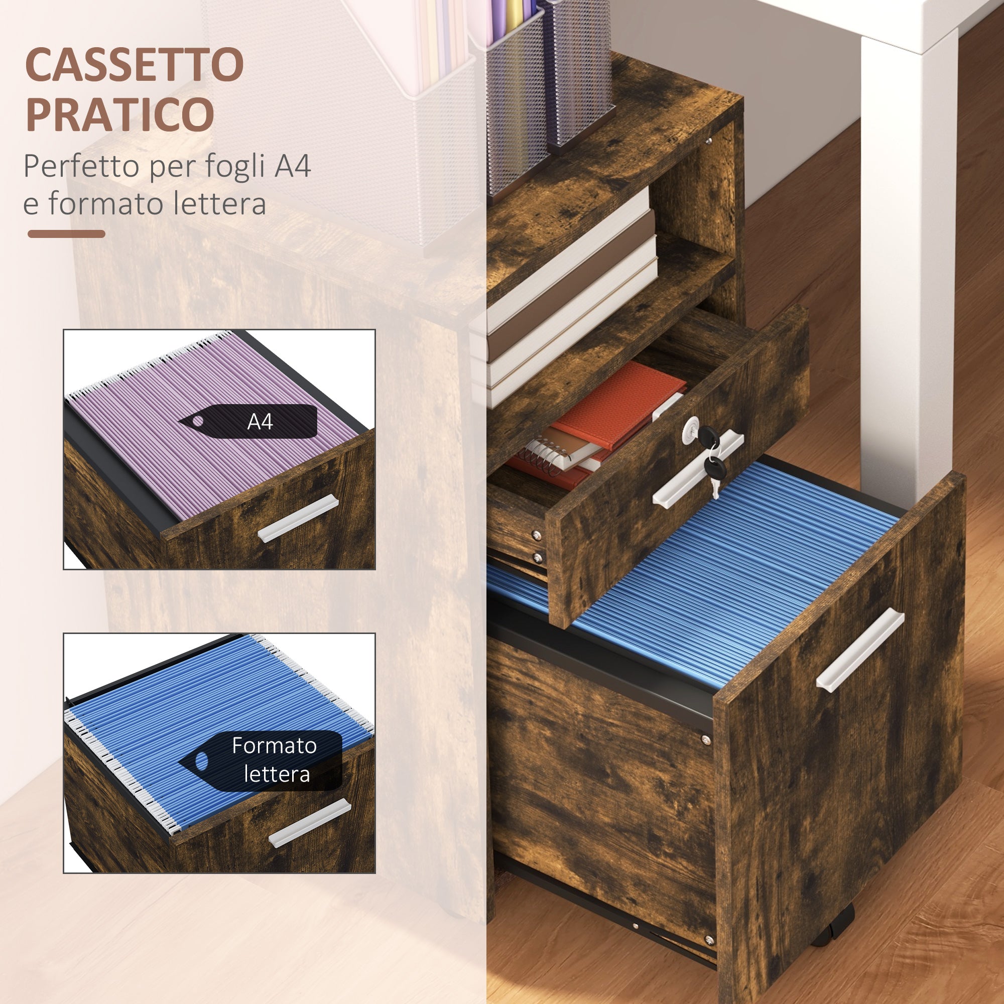 Office Filing Cabinet with 2 Drawers and Open Shelf, Wooden Office Furniture with 5 Wheels, Lock and 2 Keys, 39x40x65 cm, Rustic Brown