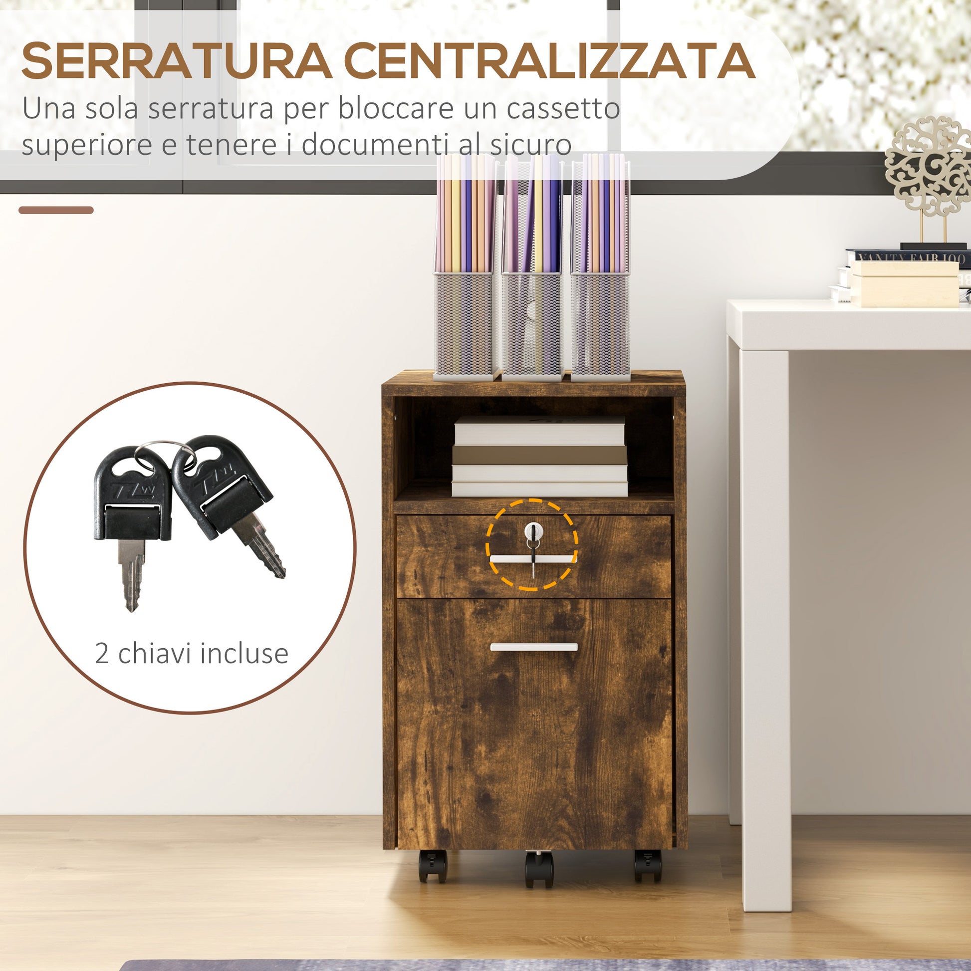 Office Filing Cabinet with 2 Drawers and Open Shelf, Wooden Office Furniture with 5 Wheels, Lock and 2 Keys, 39x40x65 cm, Rustic Brown