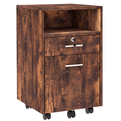 Office Filing Cabinet with 2 Drawers and Open Shelf, Wooden Office Furniture with 5 Wheels, Lock and 2 Keys, 39x40x65 cm, Rustic Brown