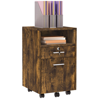 Office Filing Cabinet with 2 Drawers and Open Shelf, Wooden Office Furniture with 5 Wheels, Lock and 2 Keys, 39x40x65 cm, Rustic Brown