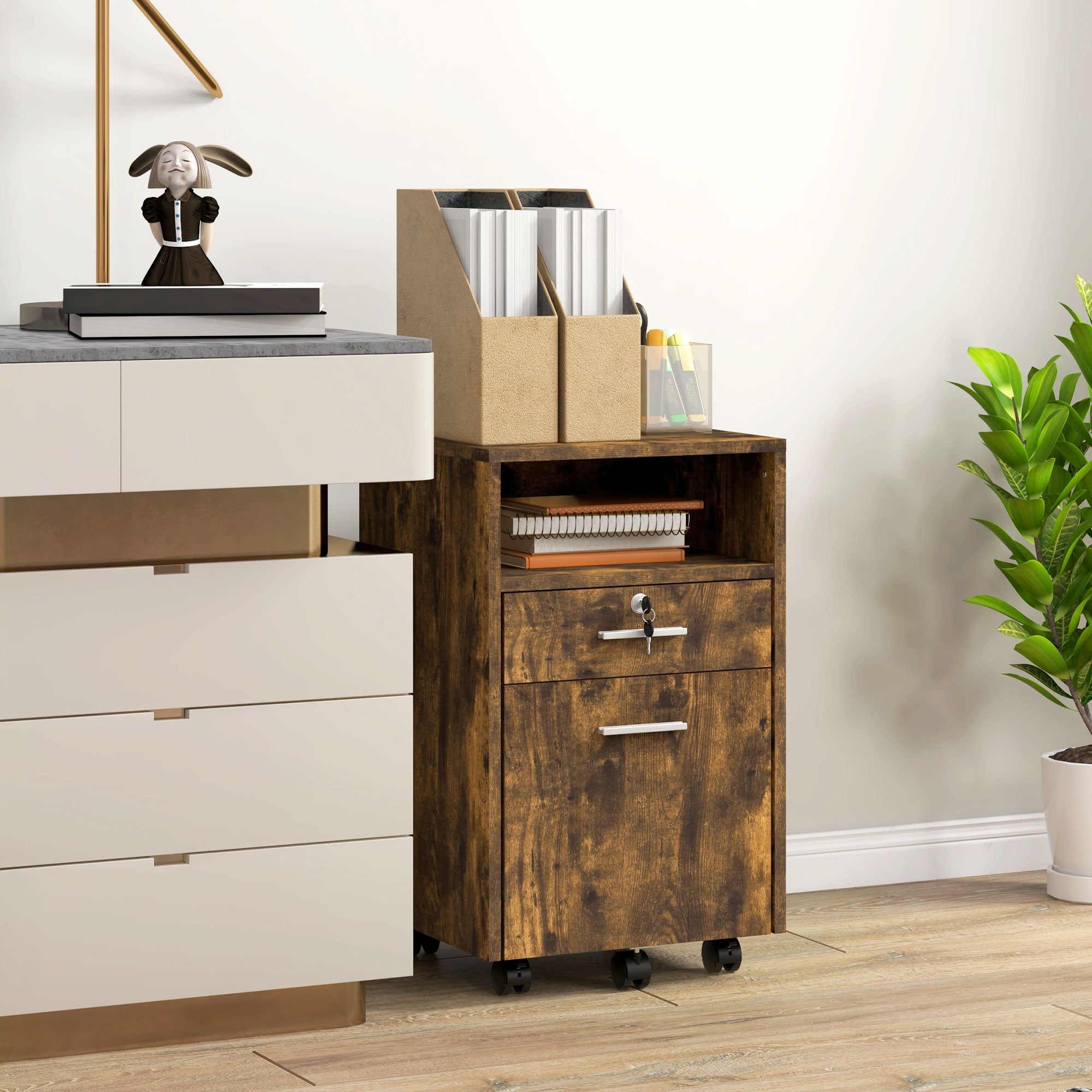 Office Filing Cabinet with 2 Drawers and Open Shelf, Wooden Office Furniture with 5 Wheels, Lock and 2 Keys, 39x40x65 cm, Rustic Brown