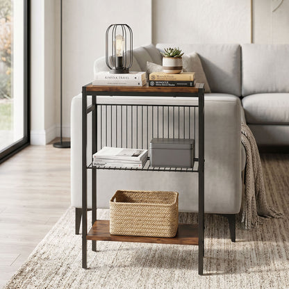 3-Shelf Side Table – Small Coffee/End Table with Metal Frame, Rustic Brown