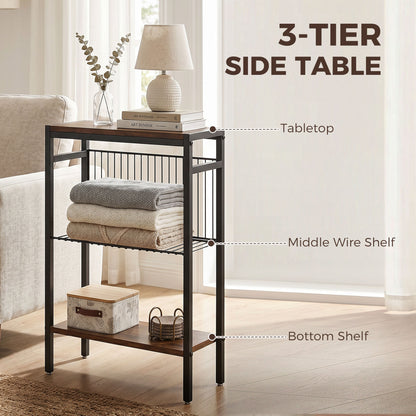 3-Shelf Side Table – Small Coffee/End Table with Metal Frame, Rustic Brown