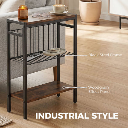 3-Shelf Side Table – Small Coffee/End Table with Metal Frame, Rustic Brown