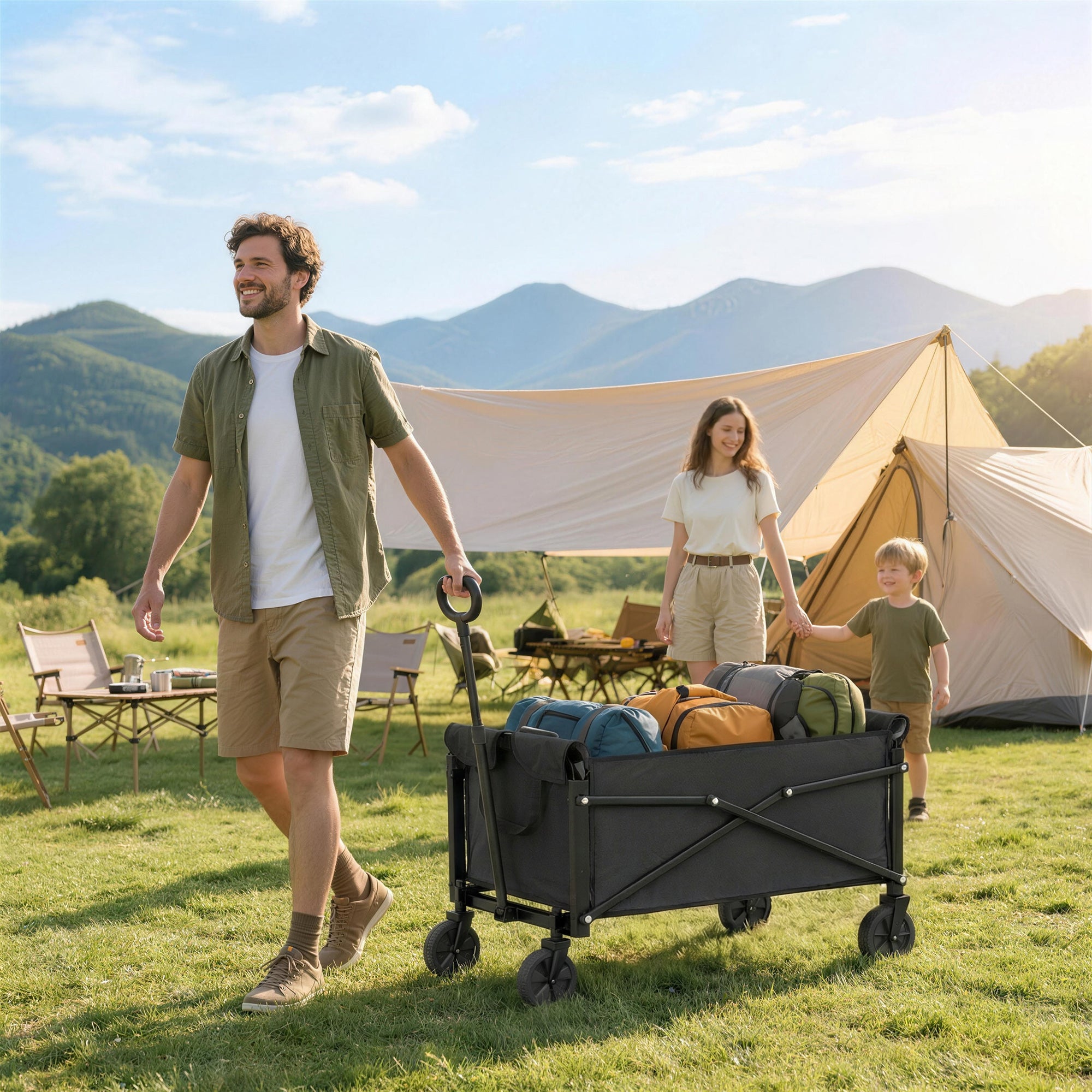 Folding Wagon 81 L Compact Collapsible Hand Cart with Adjustable Handle, Brake — 50 kg Capacity, Garden & Shopping Utility Cart