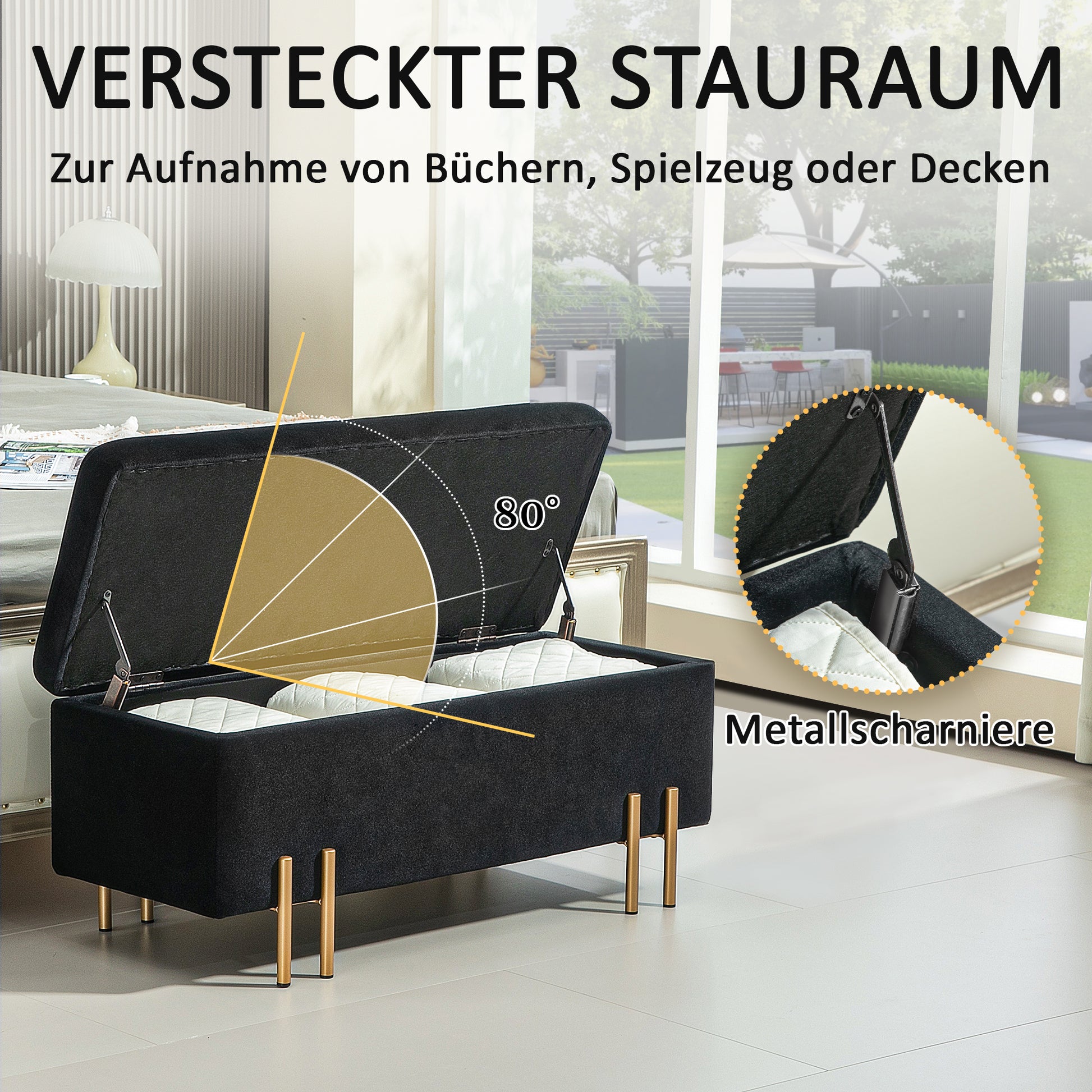 Upholstered Storage Bench Ottoman with Velvet Look, Storage Chest with Metal Legs, Chest Bench for Living Room Bedroom Entryway 100 x 40 x 42 cm, Black