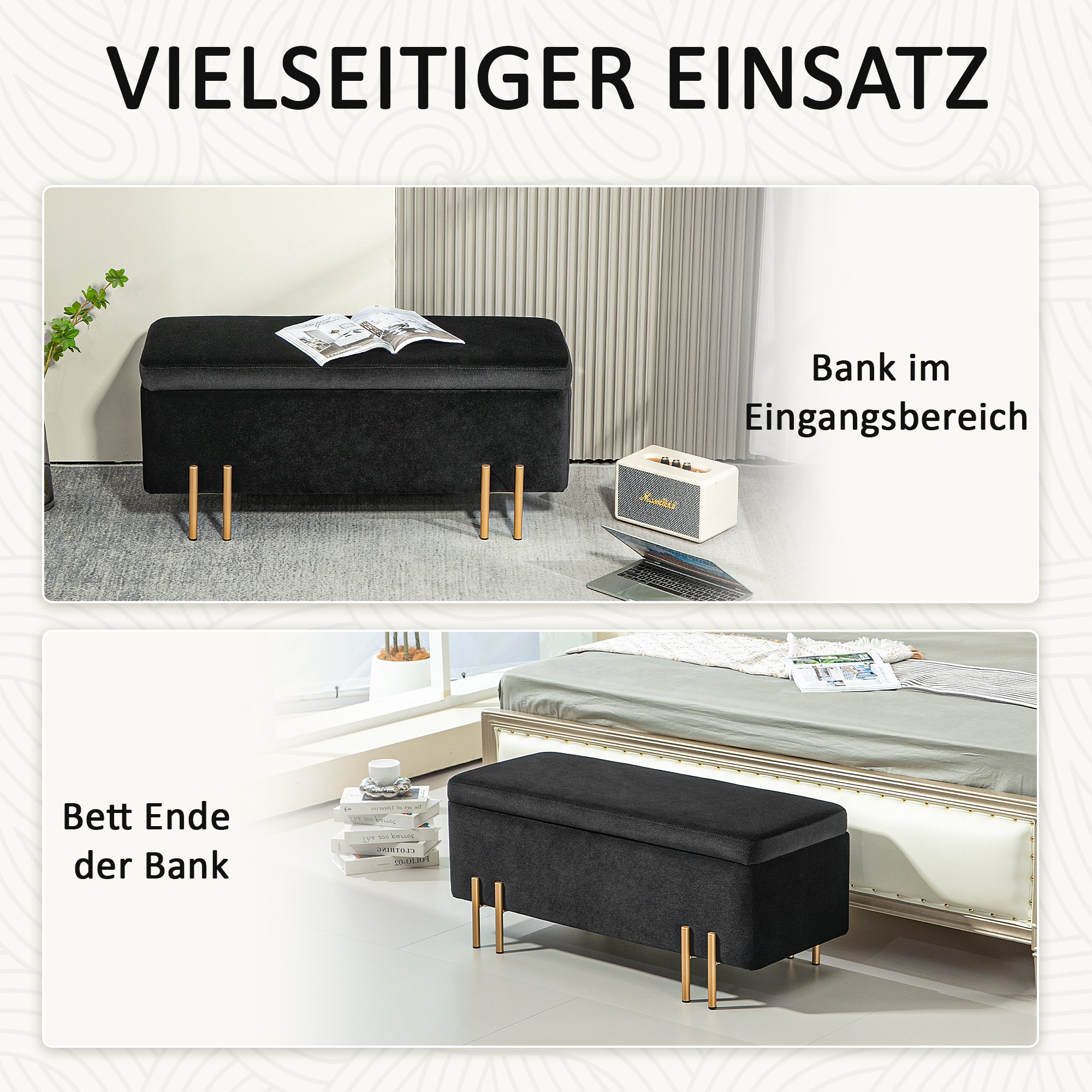 Upholstered Storage Bench Ottoman with Velvet Look, Storage Chest with Metal Legs, Chest Bench for Living Room Bedroom Entryway 100 x 40 x 42 cm, Black